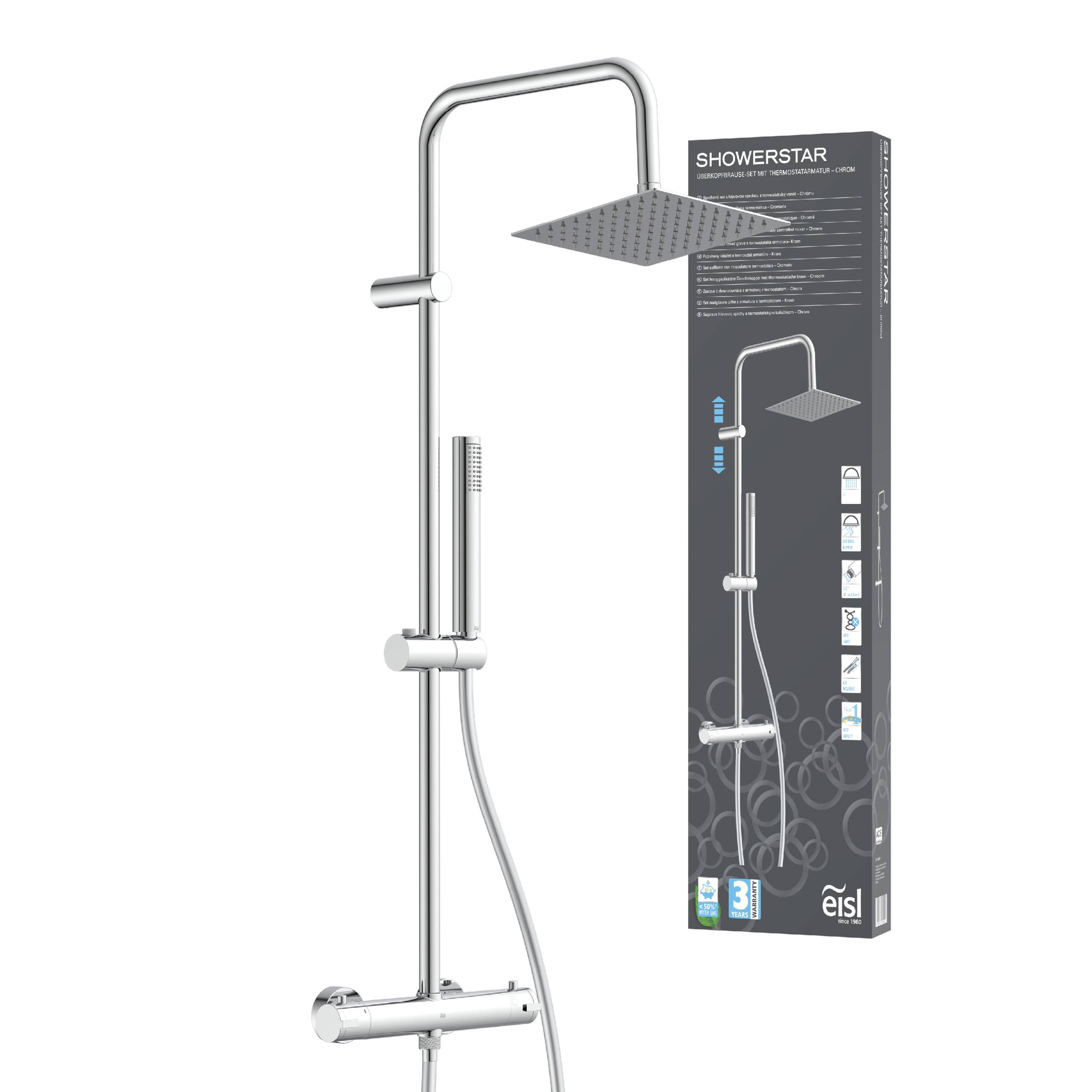 Ein Foto eines modernen Duschydstems mit einem quadratischen Regenduschkopf, einem tragbaren Handbrausenkopf und einer Verpackungsschachtel mit der Bezeichnung „ShowerStar