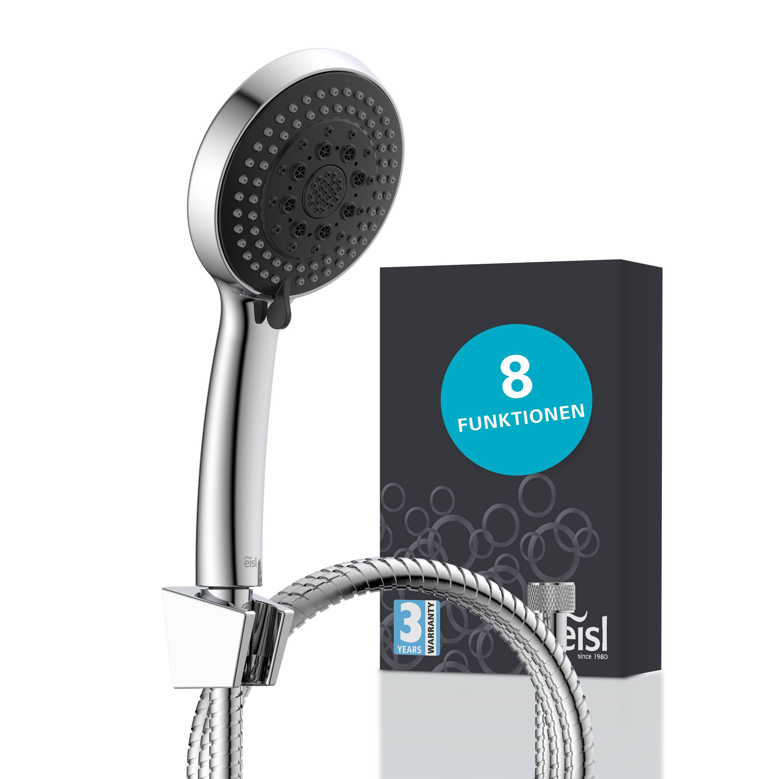 Duschkopf mit flexiblem Schlauch und Wandhalterung neben einer Produktbox mit der Aufschrift '8 Funktionen' und '3 Jahre Garantie', zeigt ein Duschzubehörset.