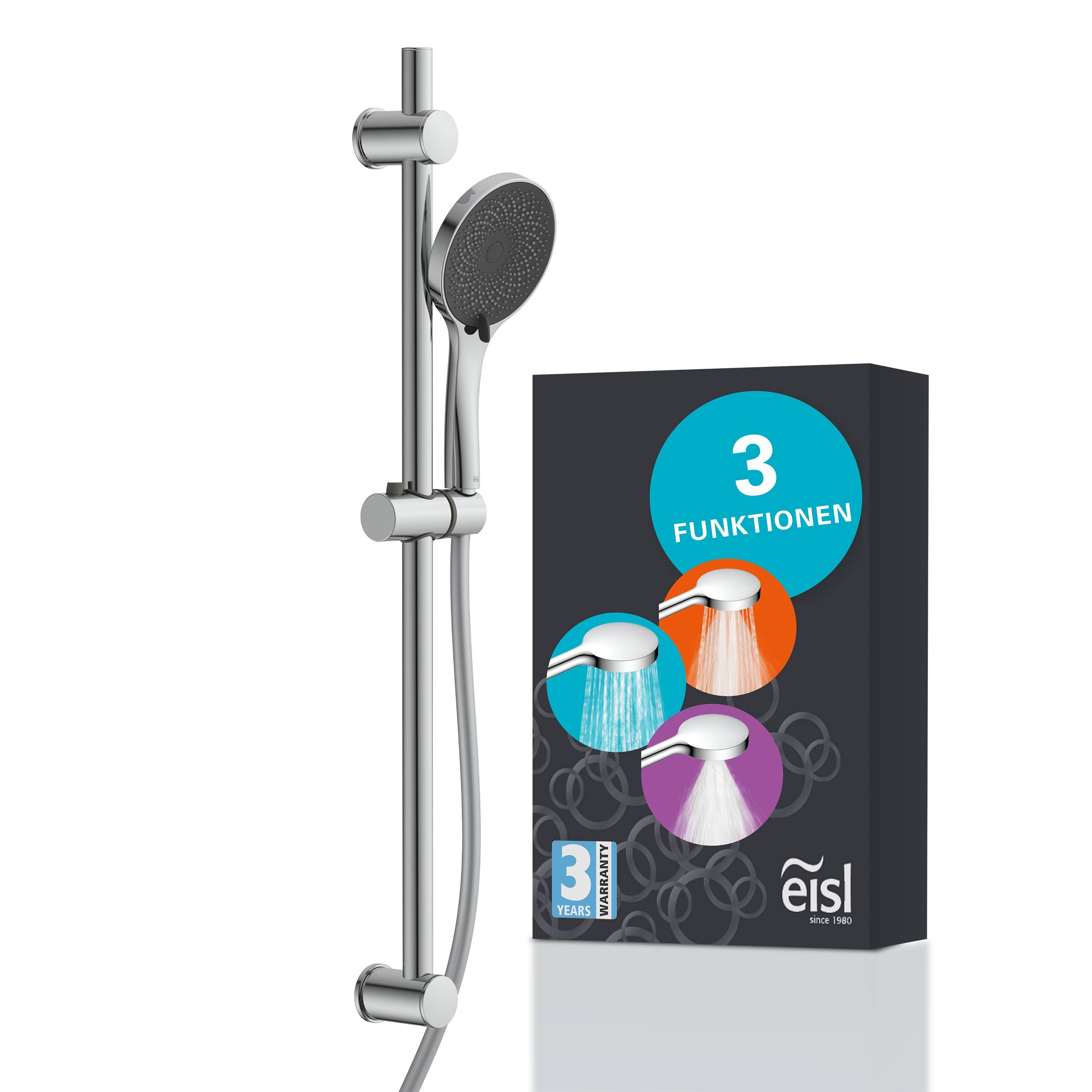 Produktbild eines Chrom-Duschstangensets mit Handbrause und drei Sprühfunktionen, gezeigt neben einer Verpackung mit der Aufschrift „3 FUNKTIONEN