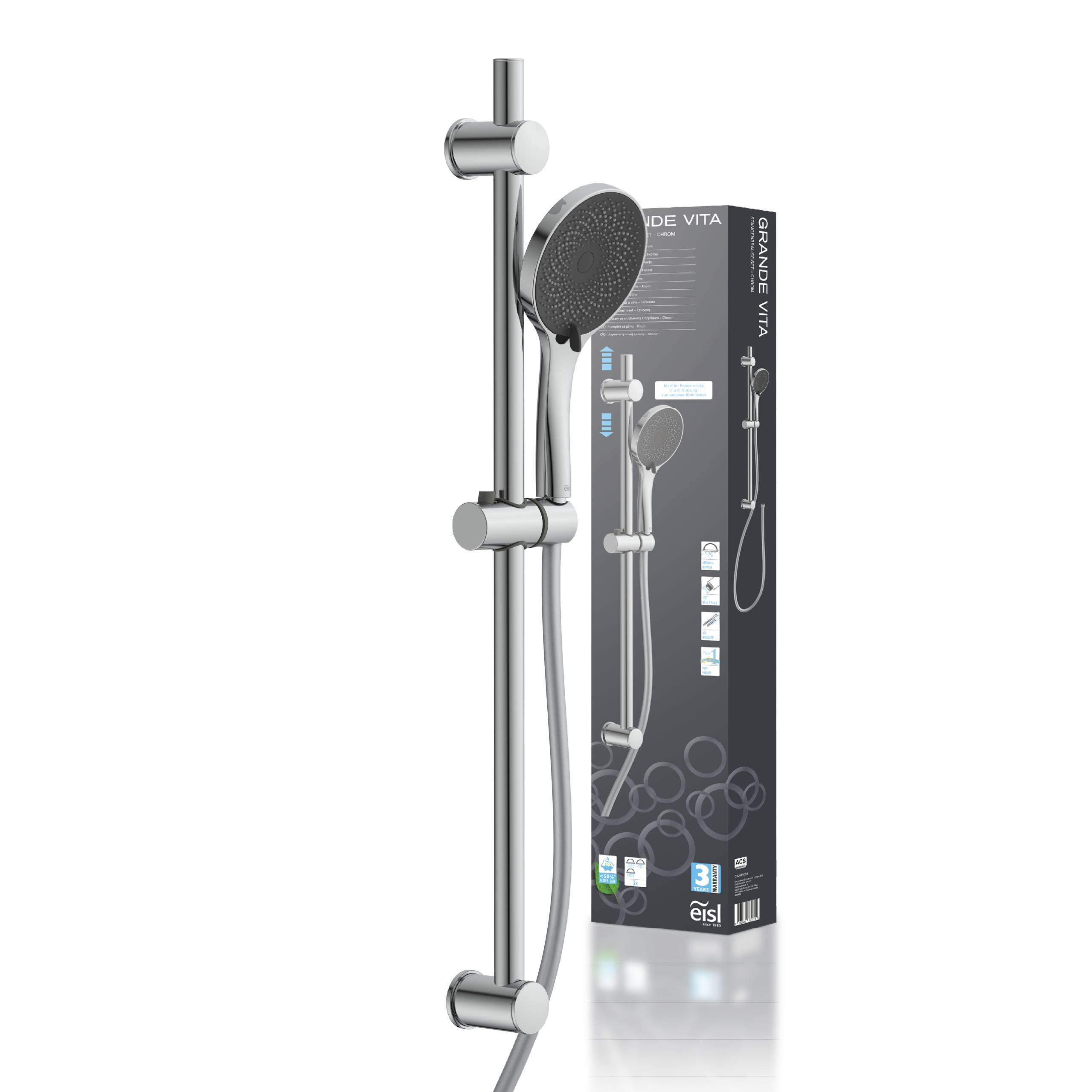 Ein verchromter tragbarer Duschkopf mit verstellbarer Schiebeleiste, dargestellt neben seiner Verpackung mit der Bezeichnung „Slide Vita