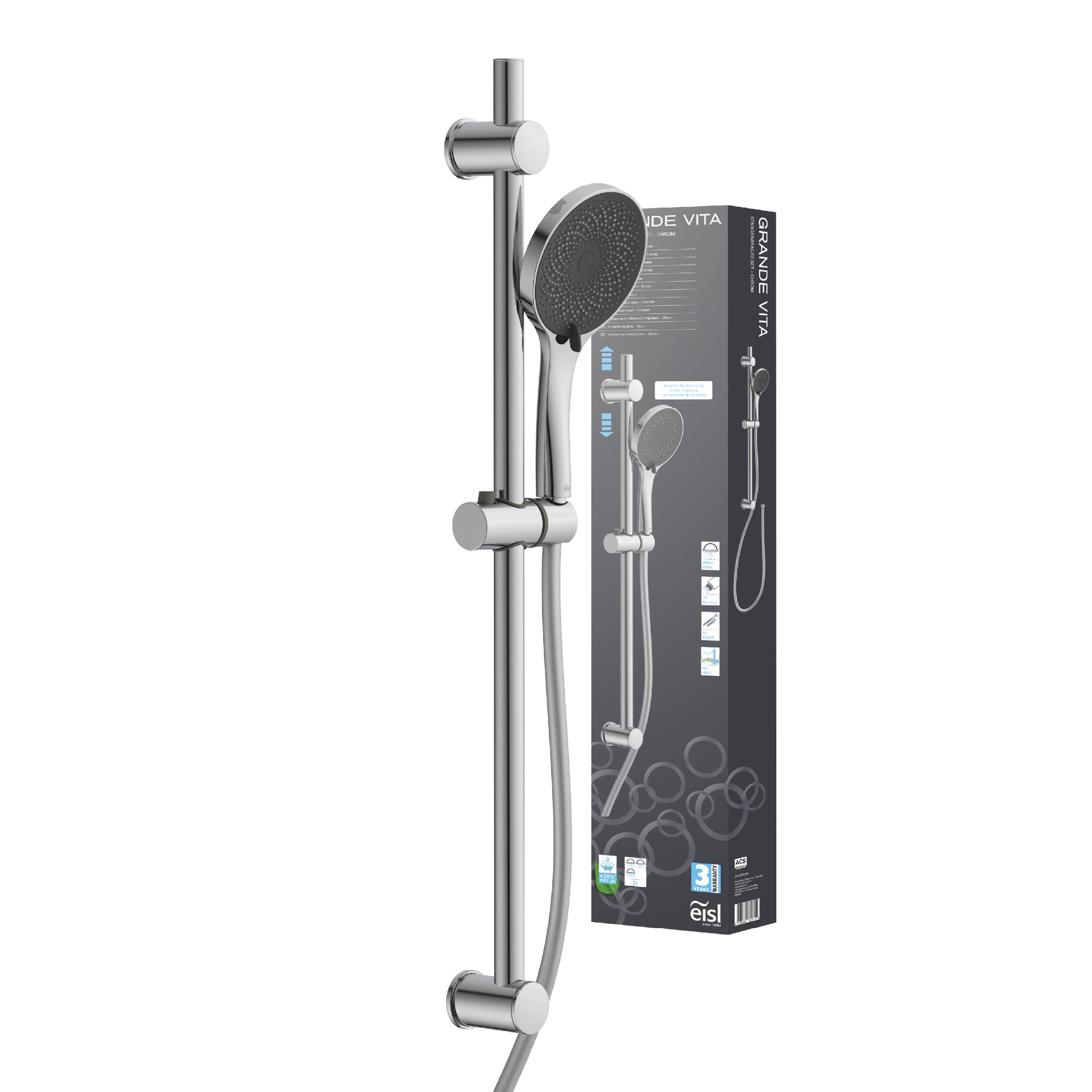 Ein Chromhandbrause-Set mit verstellbarer Schiene, gezeigt in Verpackung mit hervorgehobenen Funktionen für einfache Handhabung und Installation.