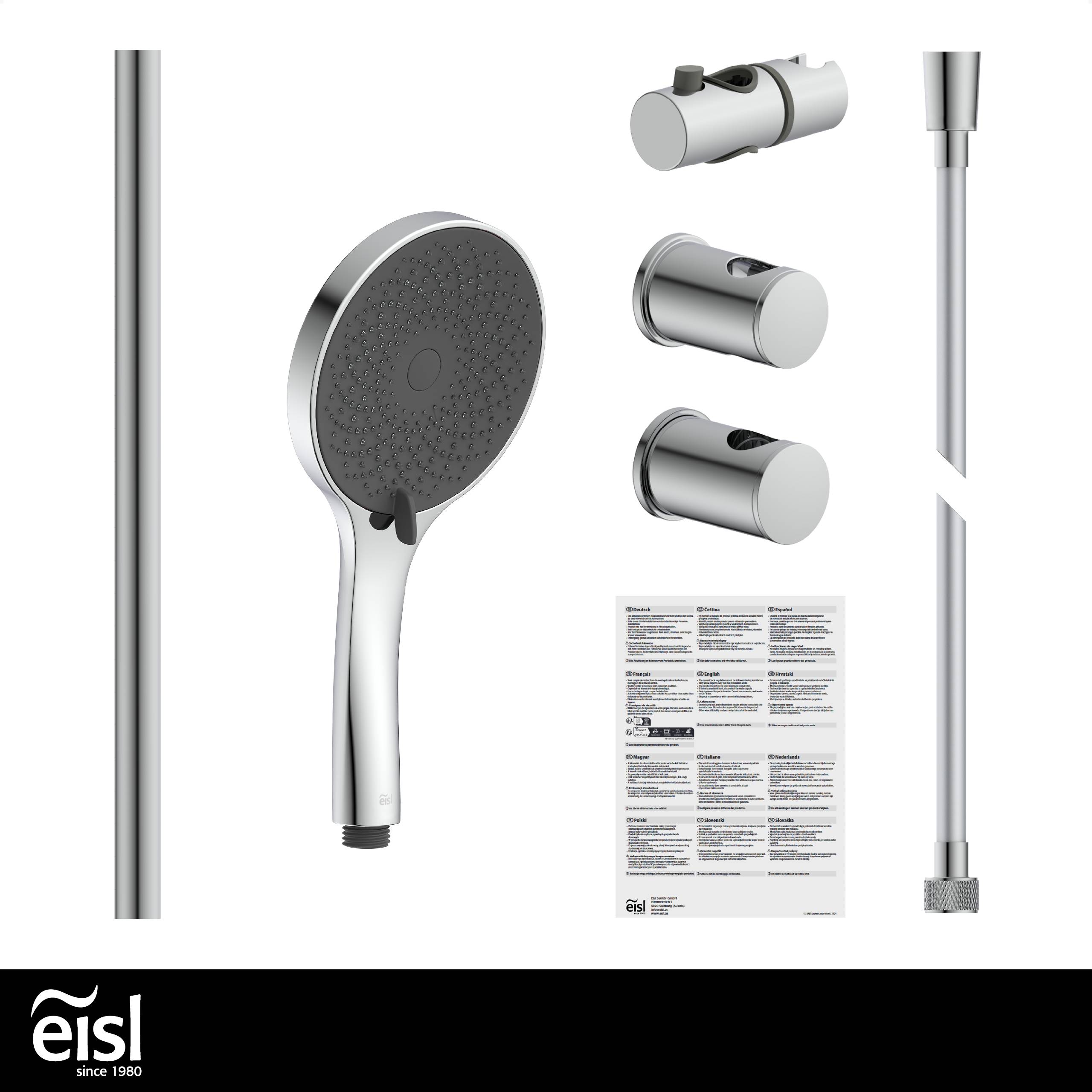 Duschset von Eisl mit verchromtem Handbrausekopf, verstellbarem Halter, Schlauch und Installationsanleitung.