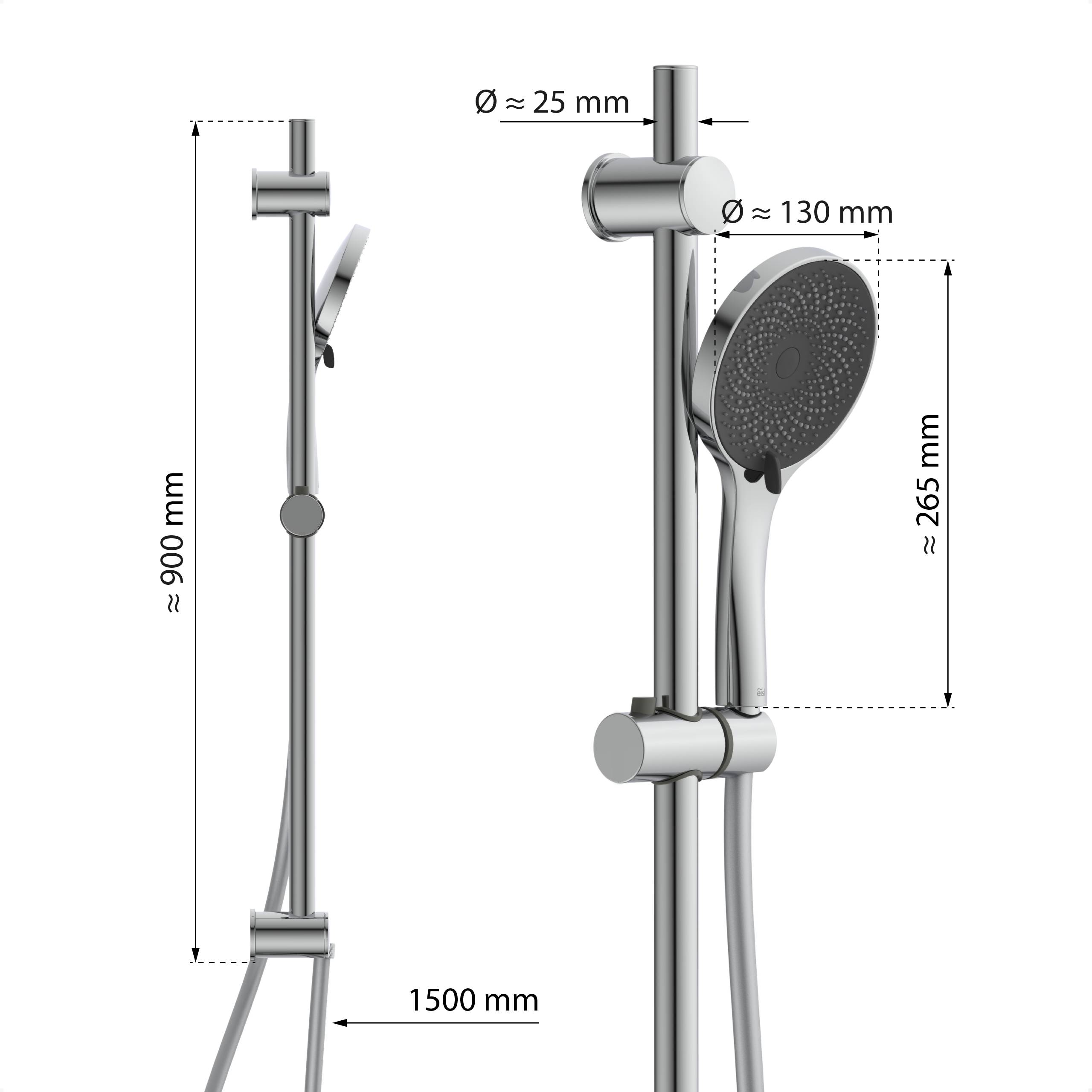 Verstellbarer Duschkopf auf einem Schienensystem mit Abmessungen: Höhe 900 mm, Schienenduchmesser 25 mm, Duschkopfdurchmesser 130 mm, Schlauchlänge 1600 mm.