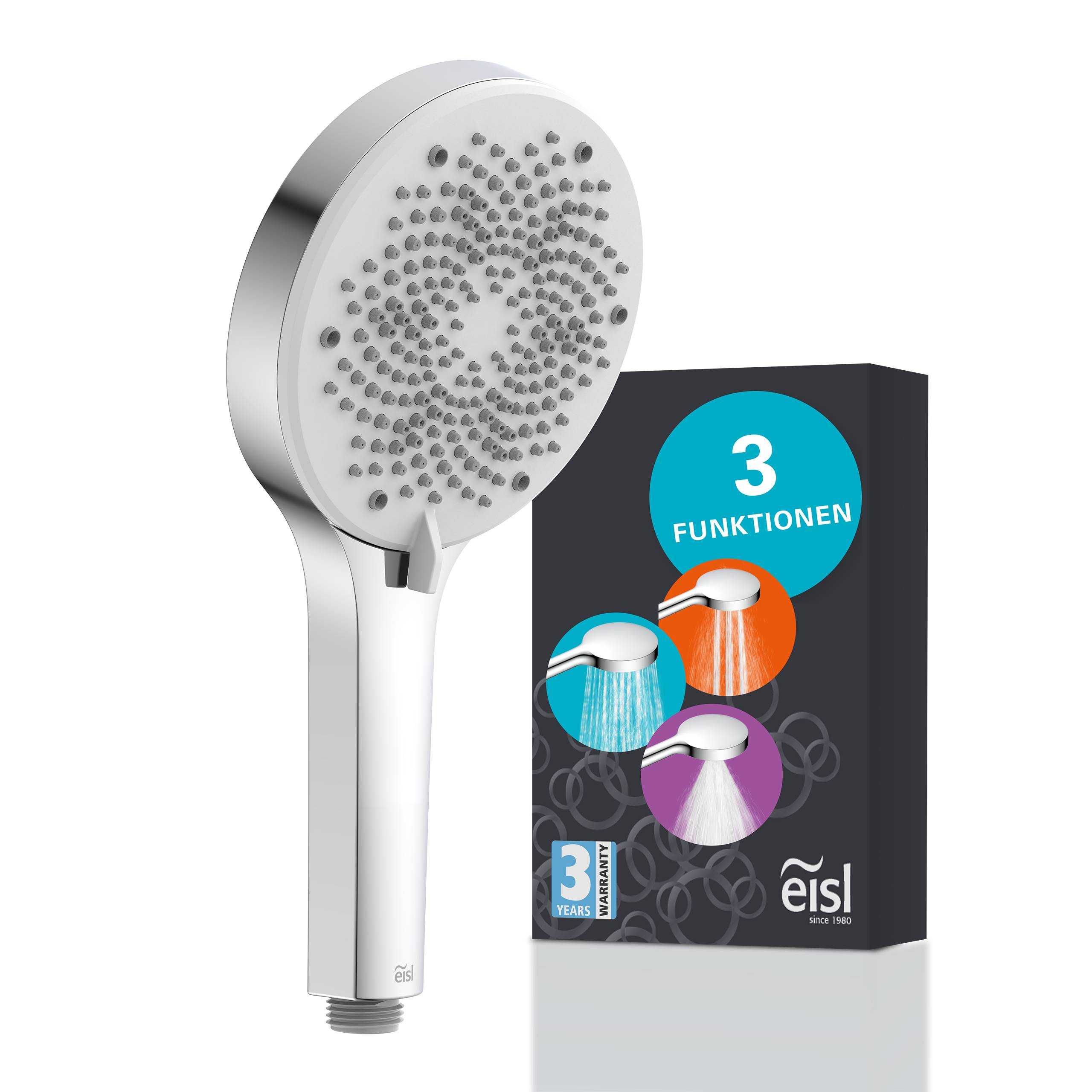 Handbrausekopf mit drei Funktionen neben seiner Produktverpackung mit der Bezeichnung „3 FUNKTIONEN