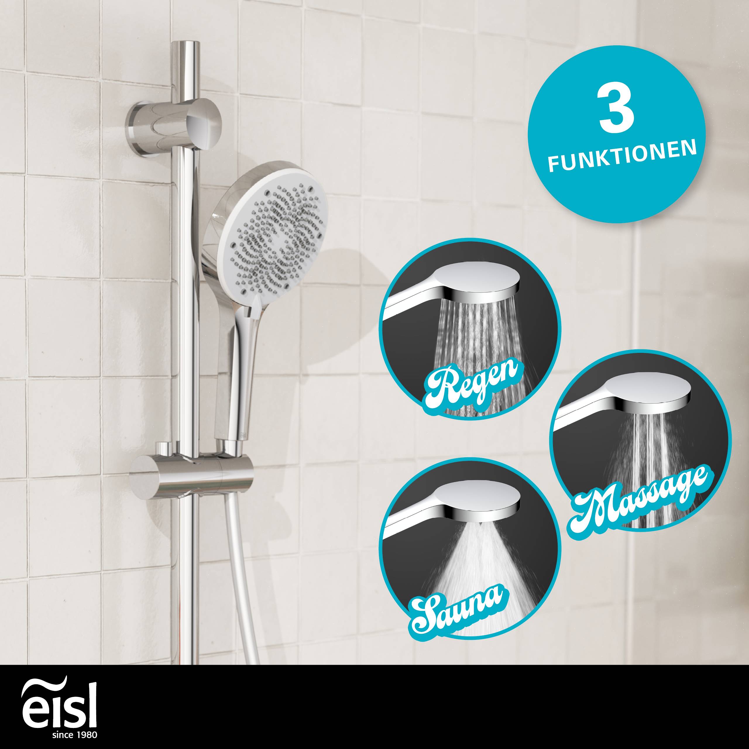 Duschset mit Handbrause und Kopfbrause, mit Hervorhebung von 3 Funktionen: Regen, Massage und Sauna.