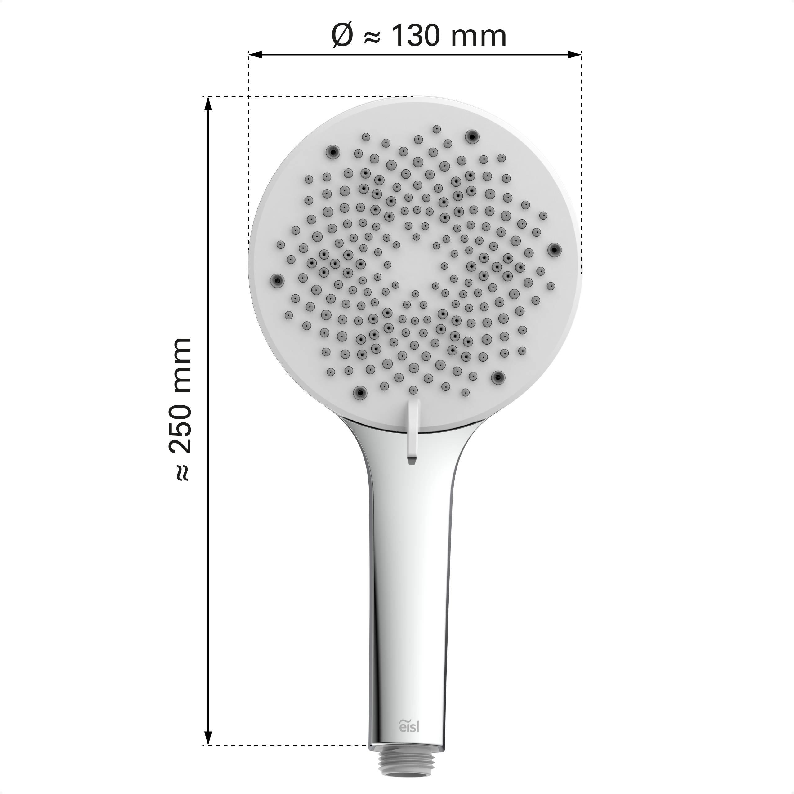 Ein tragbarer Duschkopf mit einem runden Kopf von etwa 130 mm Durchmesser und einer Gesamtlänge von etwa 250 mm.