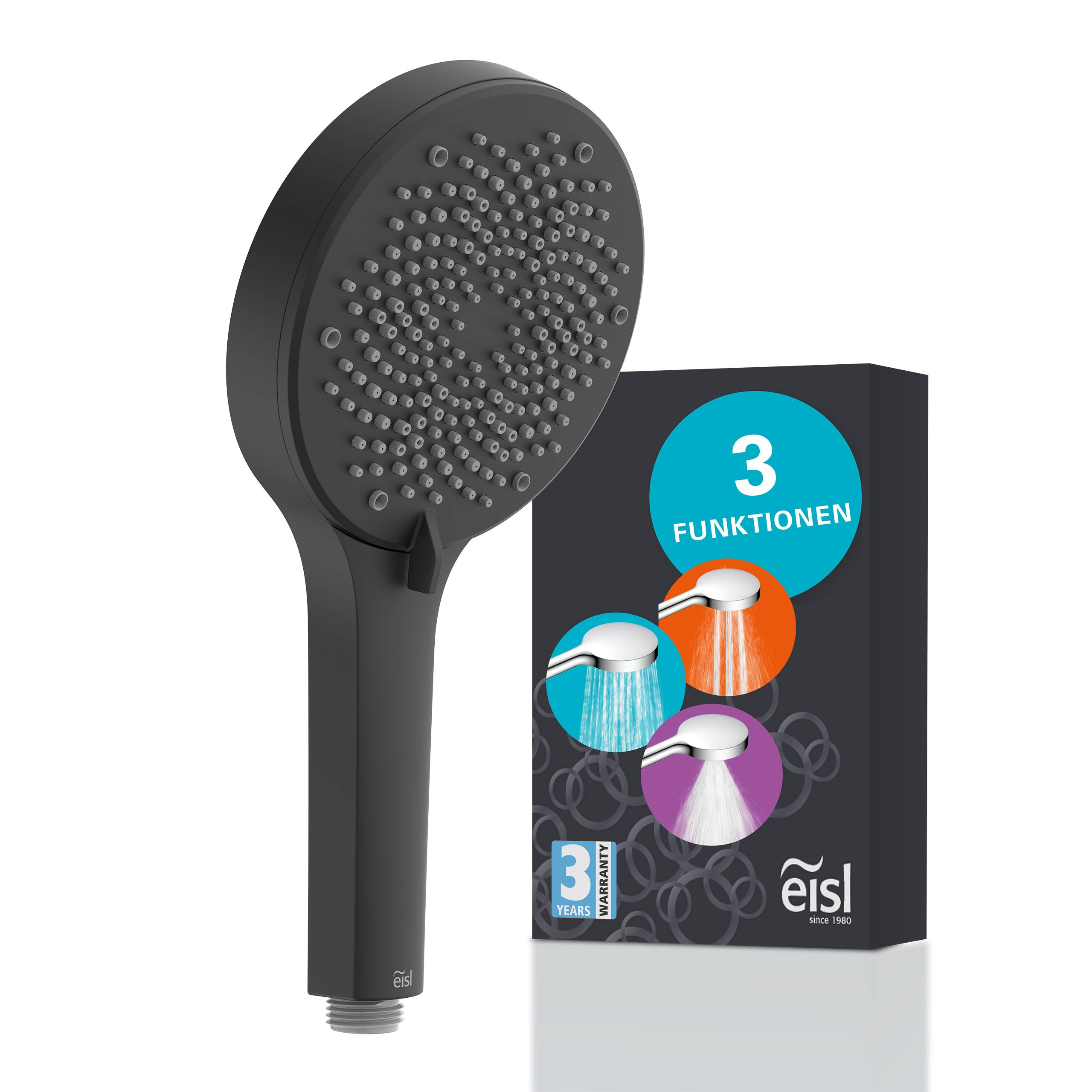 Schwarzer tragbarer Duschkopf neben einer Produktbox mit der Aufschrift „3 FUNKTIONEN