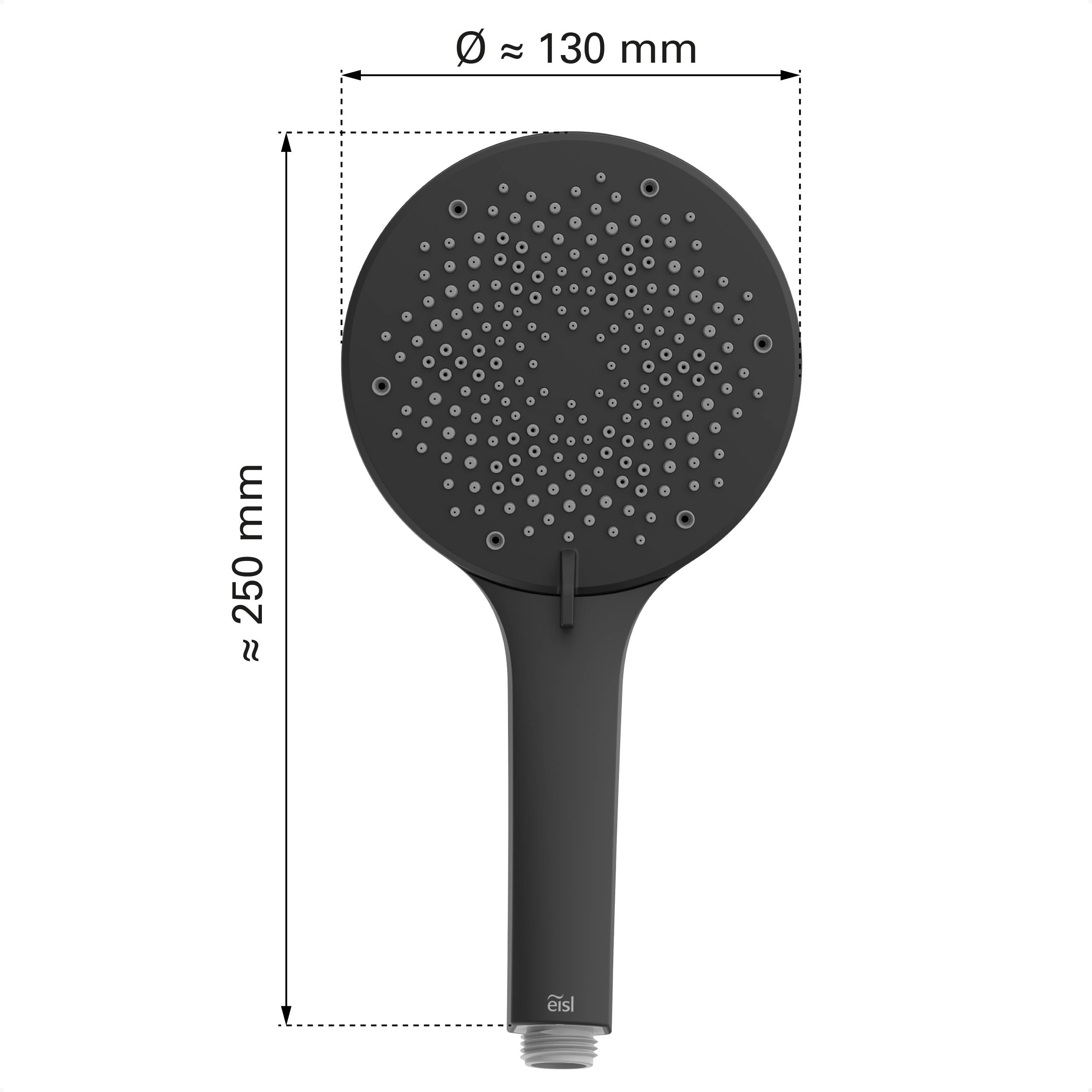 Schwarze tragbare Handbrause mit rundem Kopf, Durchmesser 130 mm, Länge 250 mm, mit mehreren Sprühdüsen.