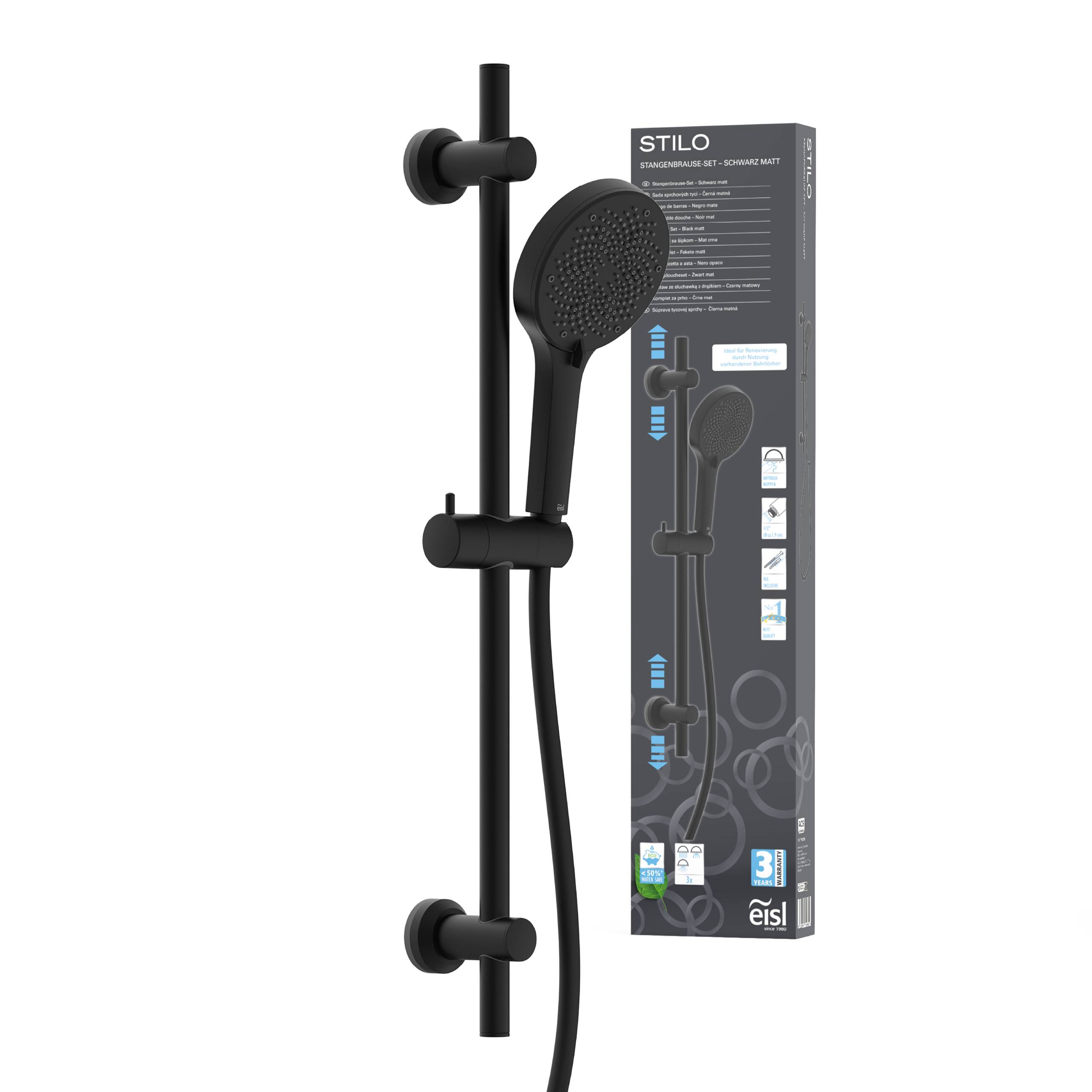 Ein schwarzes tragbares Duschset mit verstellbarer Schiene, gezeigt neben seiner Schachtel mit der Beschriftung 