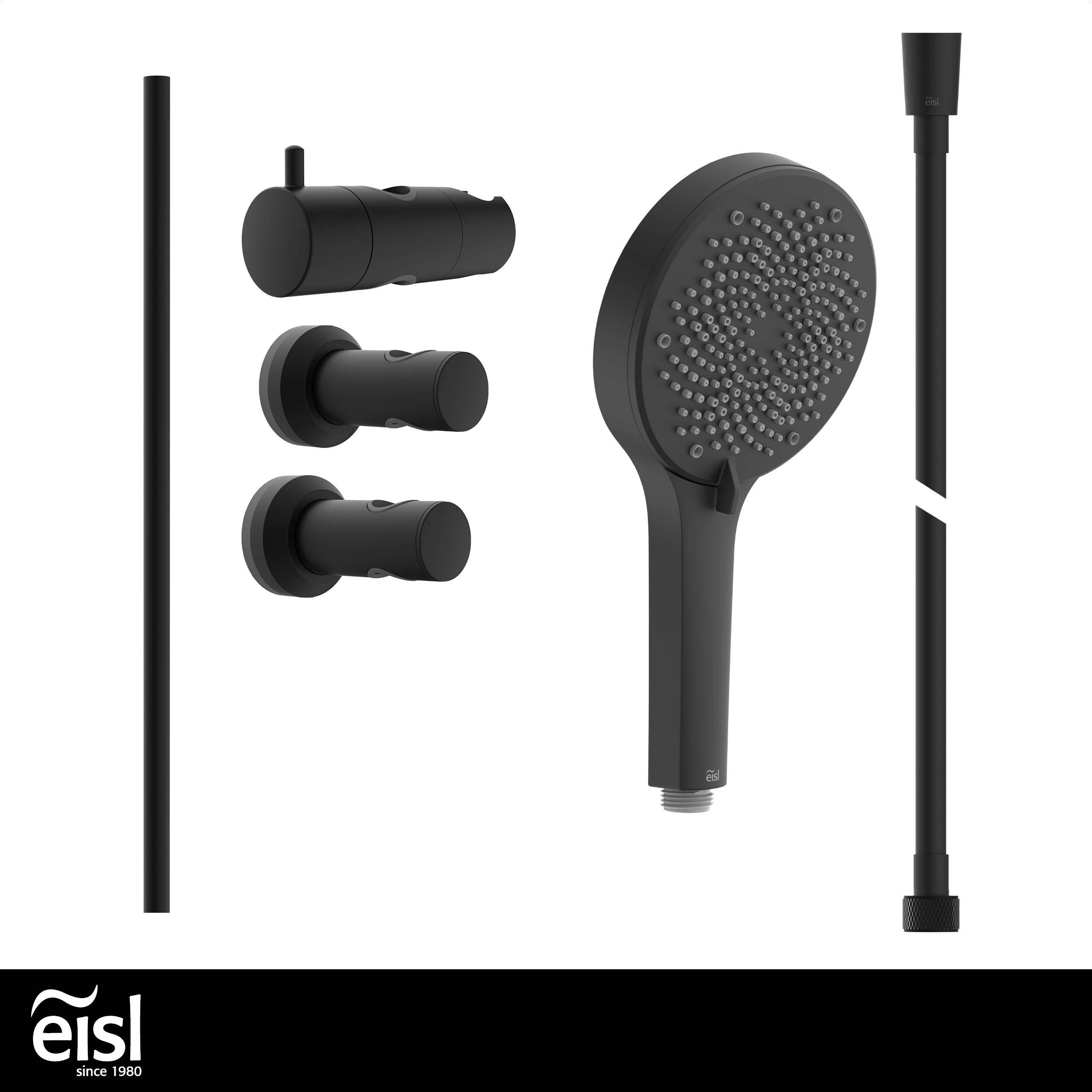 Schwarzes Duschset mit Handbrause, Deckenmontage und Knöpfen auf weißem Hintergrund. Eisl-Markenlogo unten.