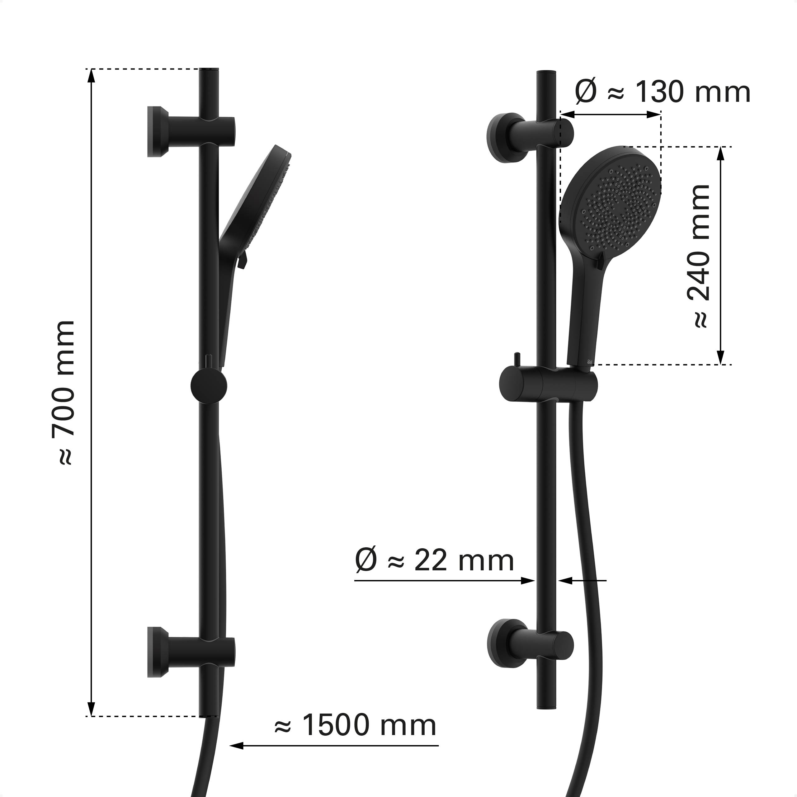 Handbrause mit verstellbarer Höhe, 130 mm Brausekopf, 240 mm Schiebeleiste, 1500 mm Schlauch. Mattschwarzes Finish, elegantes Design.