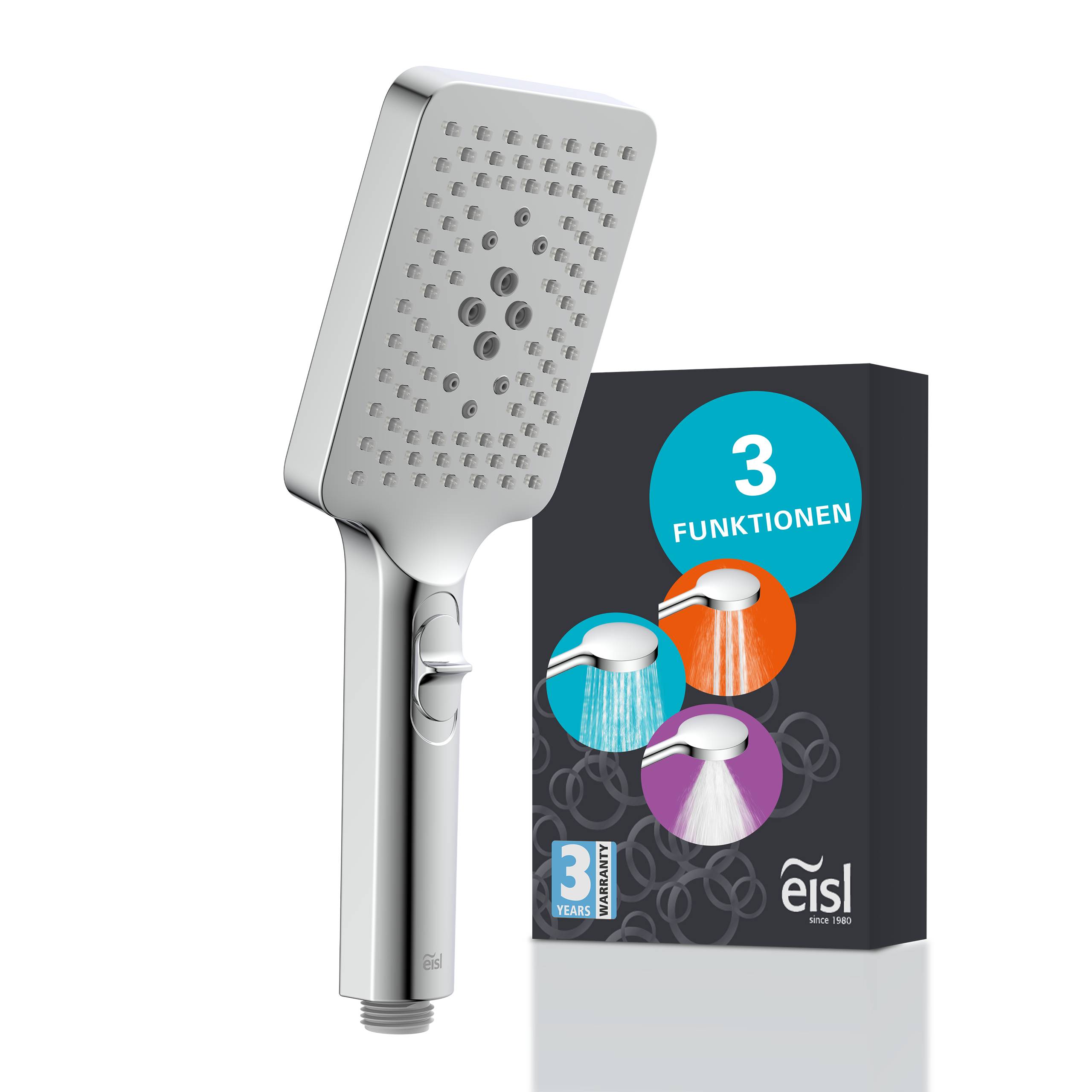 Chrom-Handbrause mit Box mit der Aufschrift „3 FUNKTIONEN