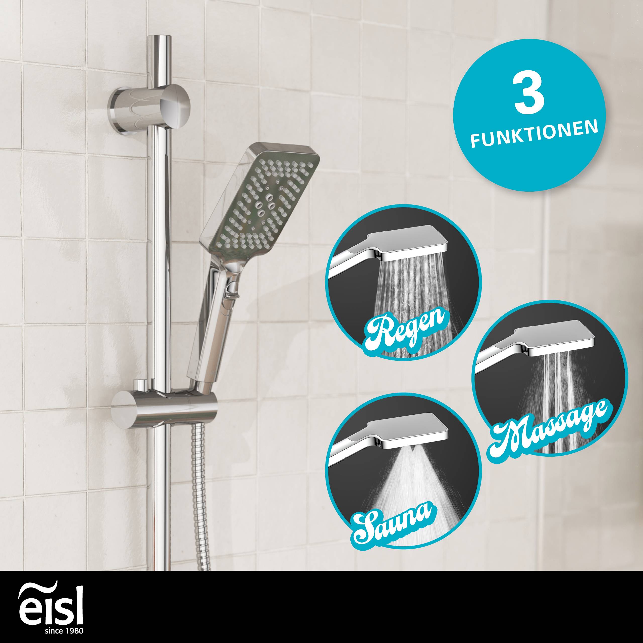 Duschset mit Handbrause und Kopfbrause; das Abzeichen zeigt „3 Funktionen
