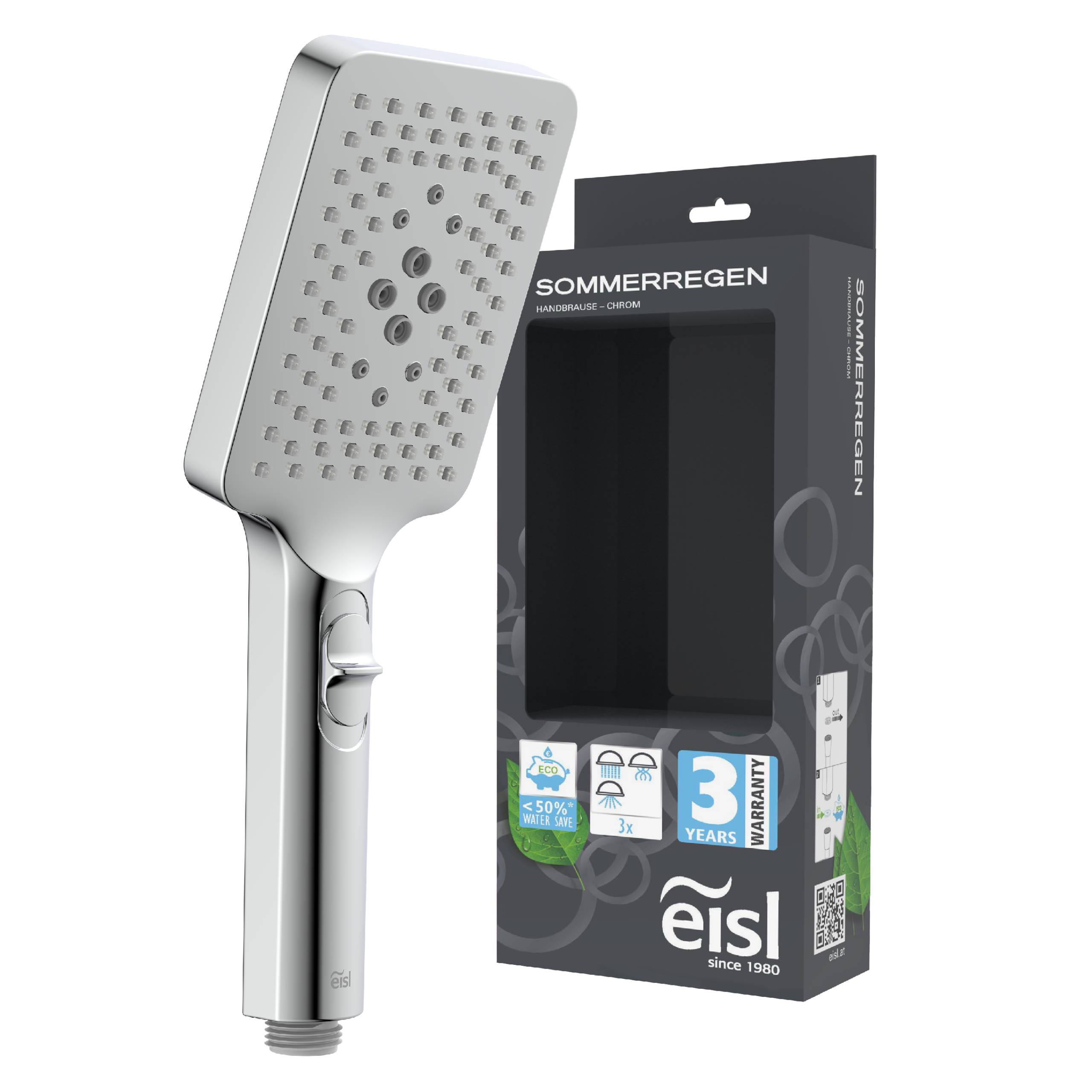 Sommerregen'-Duschkopf und Verpackung mit einer grau-grünen Schachtel, die Produktmerkmale und ein Etikett mit 3-Jahres-Garantie zeigt.