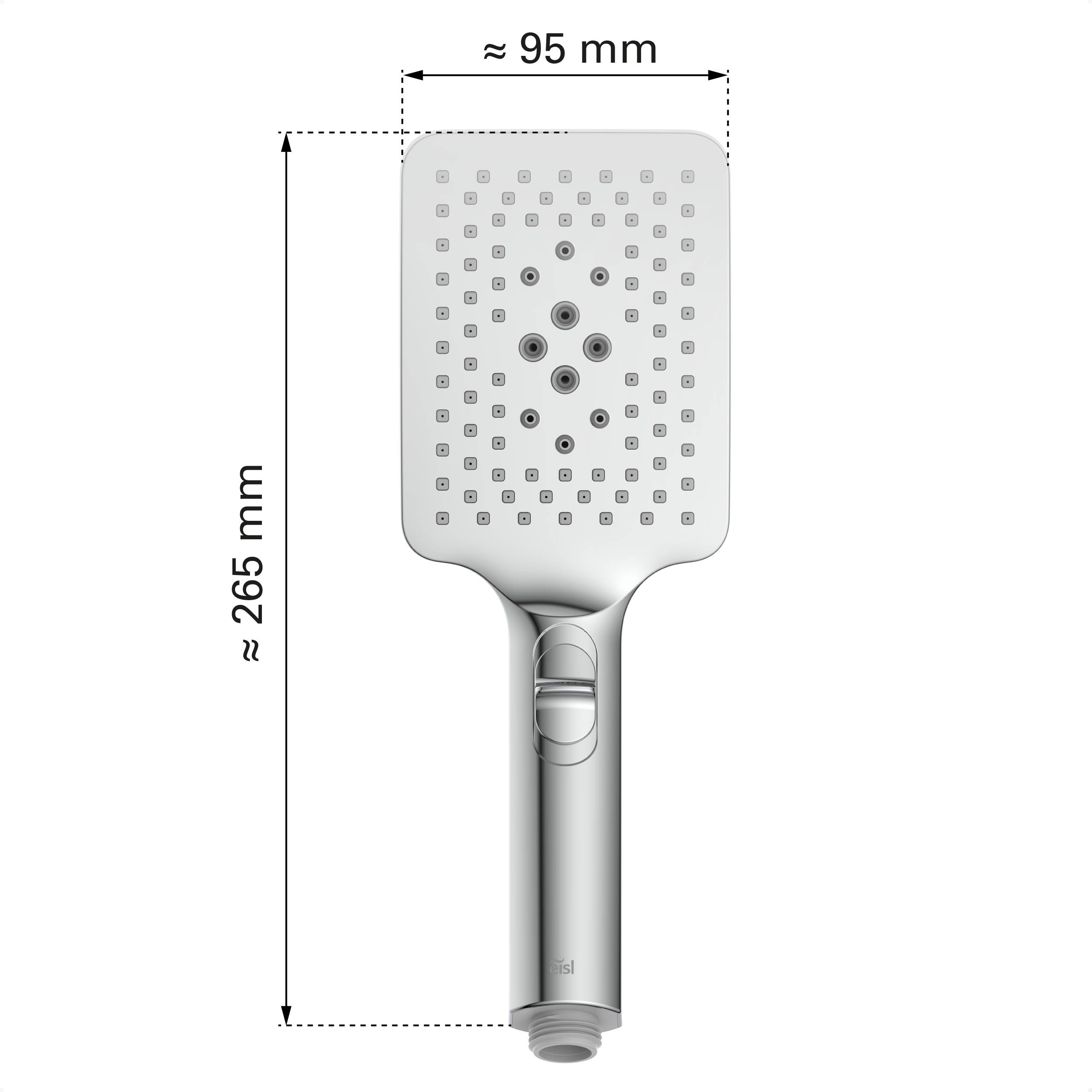 Duschkopf mit rechteckiger Sprühfläche, mit Abmessungen: etwa 95 mm breit und 265 mm hoch.