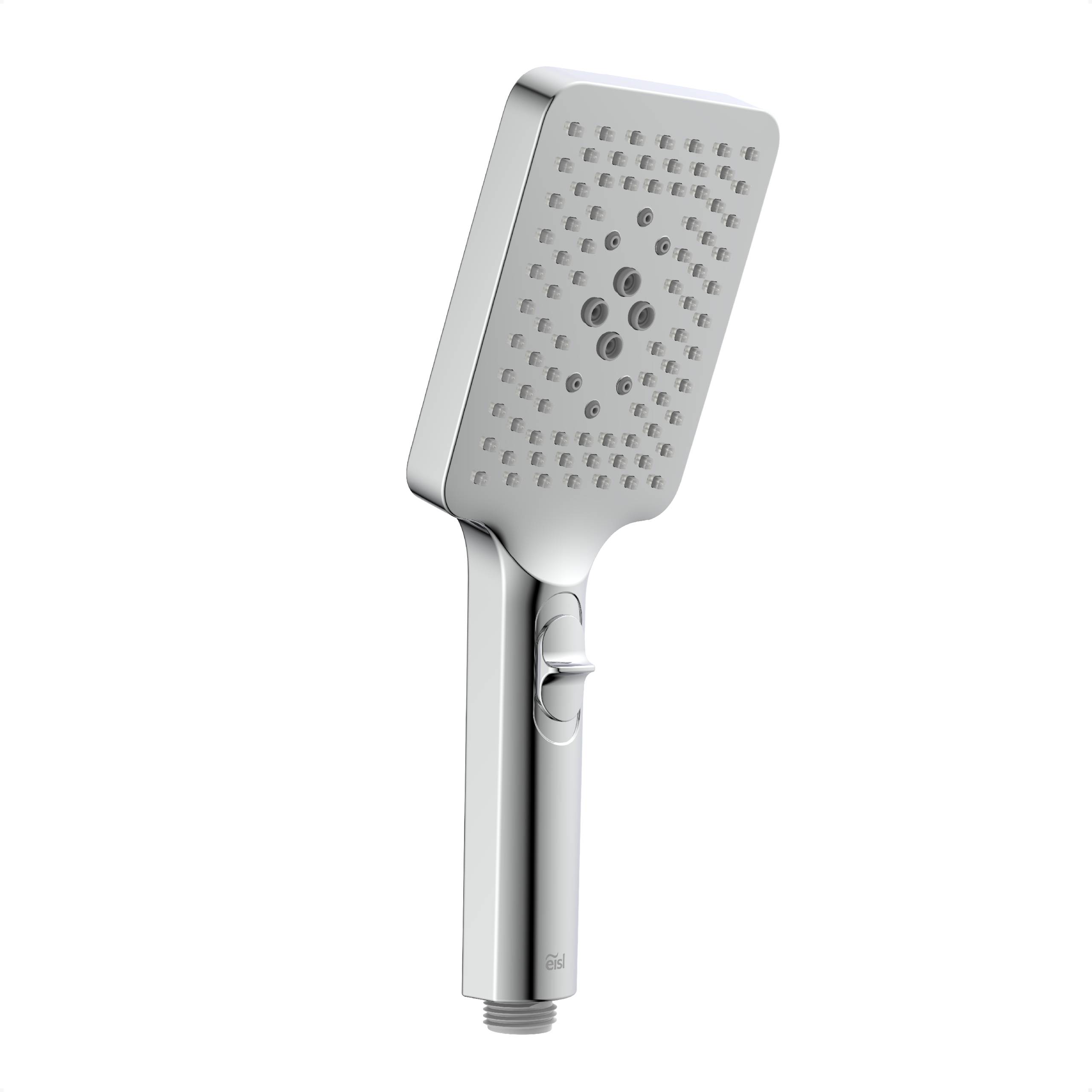 Ein schlanker, rechteckiger tragbarer Duschkopf mit Chromoberfläche, mit mehreren Sprühdüsen und einem kleinen Hebel zur Einstellung.