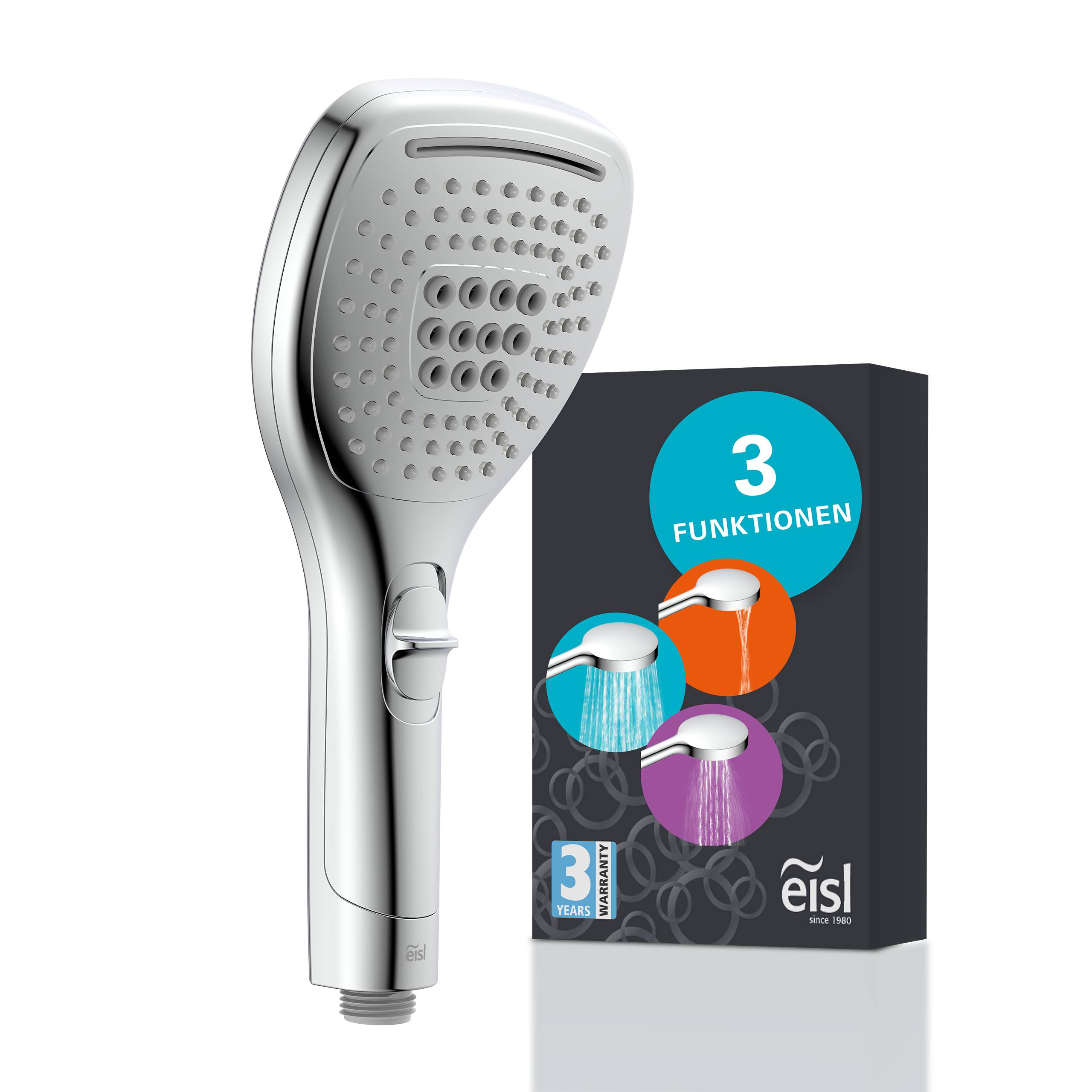 Duschkopf und Produktverpackung Werbung „3 Funktionen