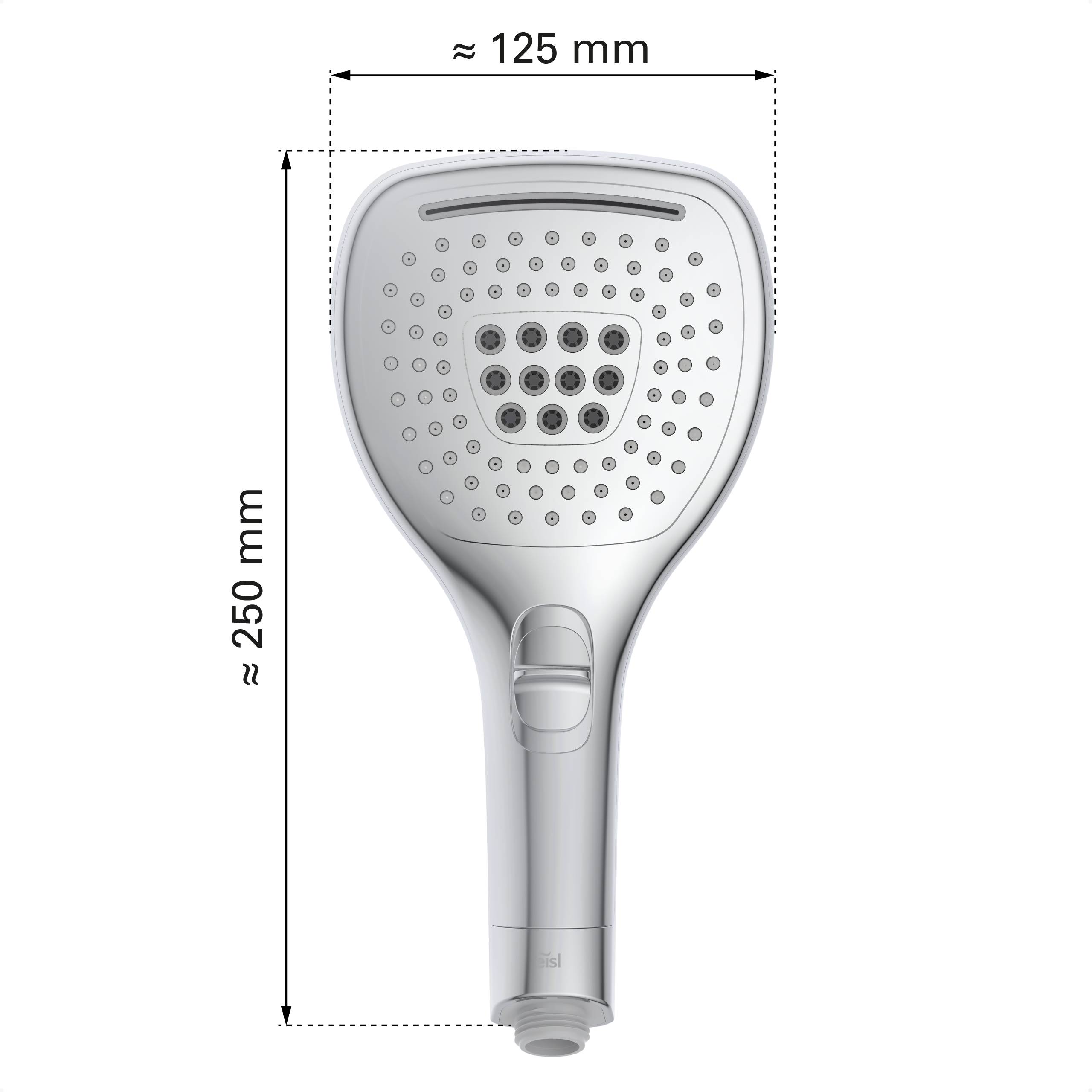 Ein silberner Duschkopf wird mit den folgenden Abmessungen gezeigt: 125 mm breit und 250 mm hoch.