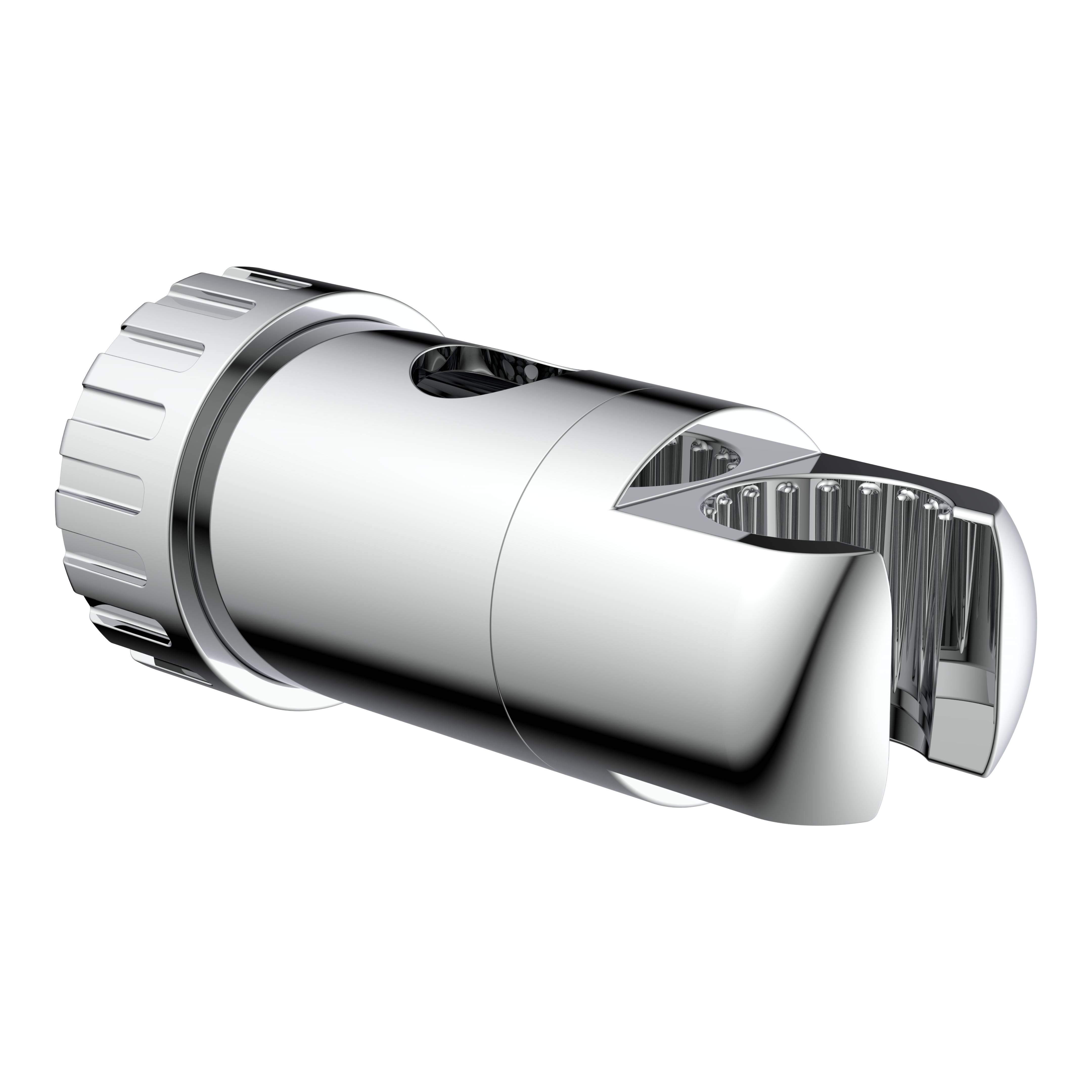 Ein glänzendes silberfarbenes zylindrisches Objekt mit gerilltem Griff und einer ausgehöhlten Stelle, möglicherweise ein Präzisionswerkzeug oder Verbindungsstück, auf schwarzem Hintergrund.