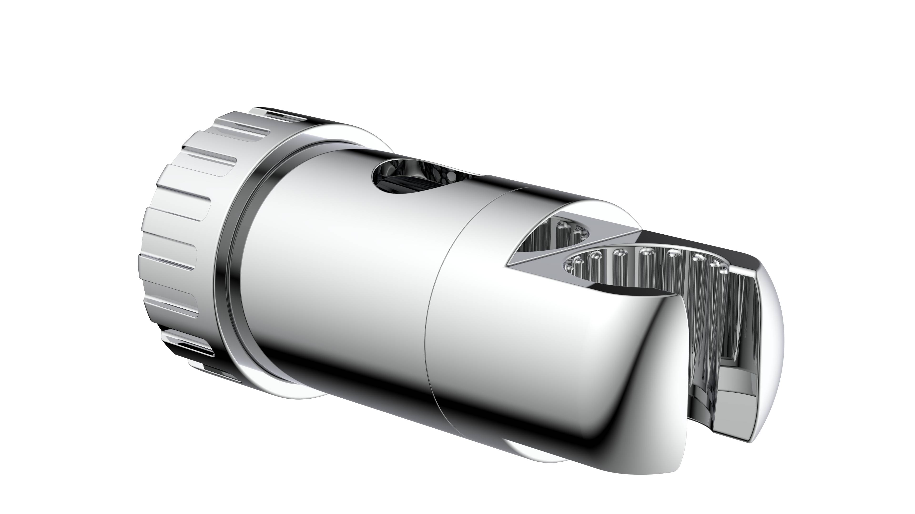 Eine Nahaufnahme eines metallischen zylindrischen Objekts mit glatter, reflektierender Oberfläche und komplizierten Rillen, möglicherweise Teil einer Maschine oder eines Werkzeugs.