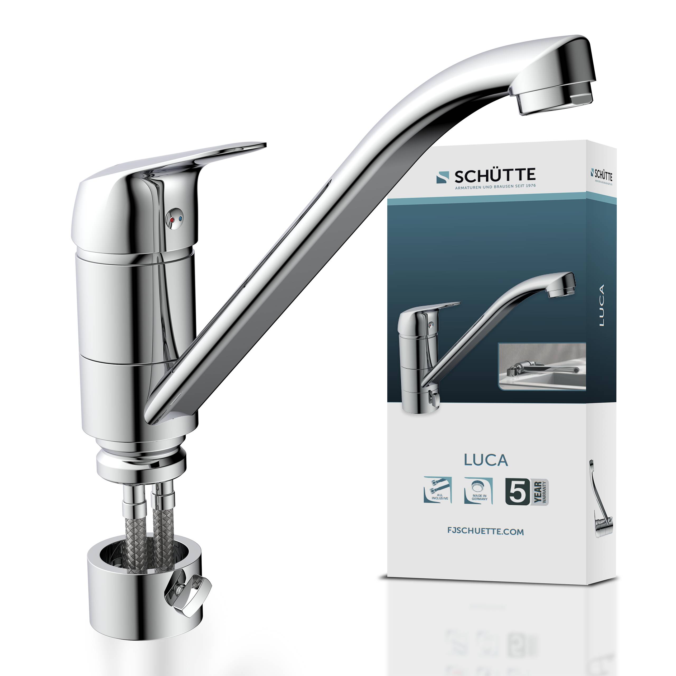 Ein verchromter Küchenarmatur mit elegantem, hochbogenförmigem Design wird neben seiner Verpackung präsentiert, die mit „Schütte Luca