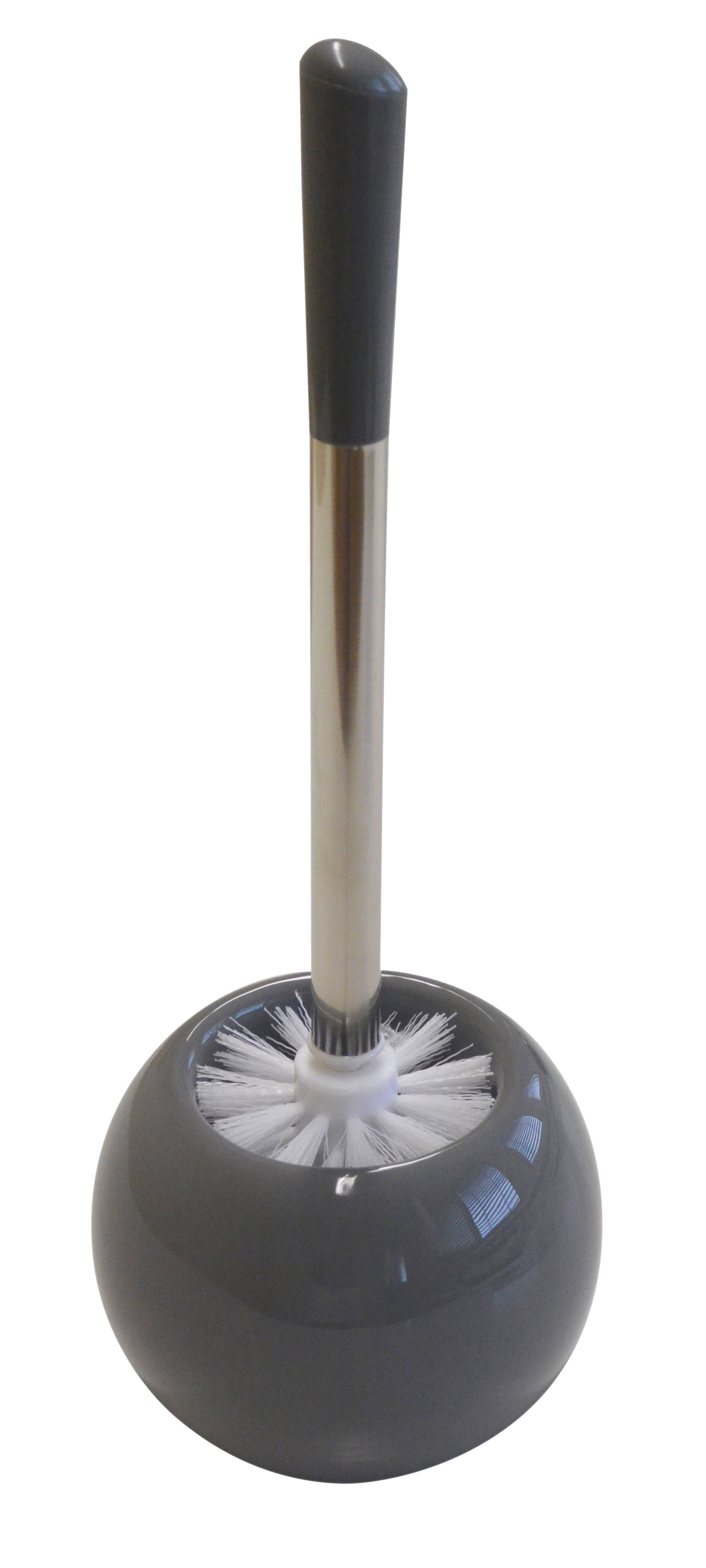 Toilettenbürste mit weißen Borsten und silbernem Griff, die in einem schwarzen Behälter auf weißem Hintergrund steht.