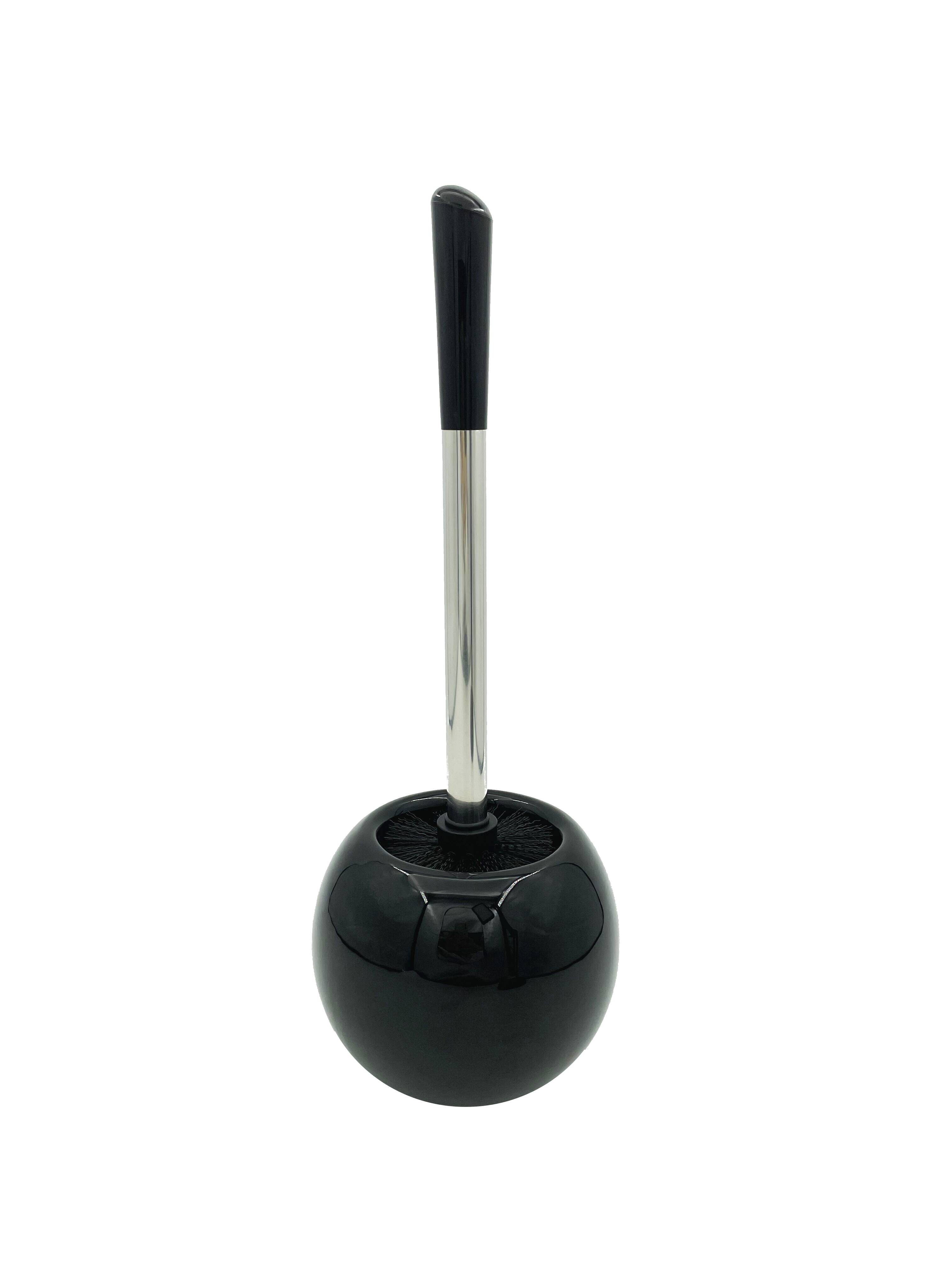 Schwarze Toilettenbürste mit rundem Behälter und Chromgriff.