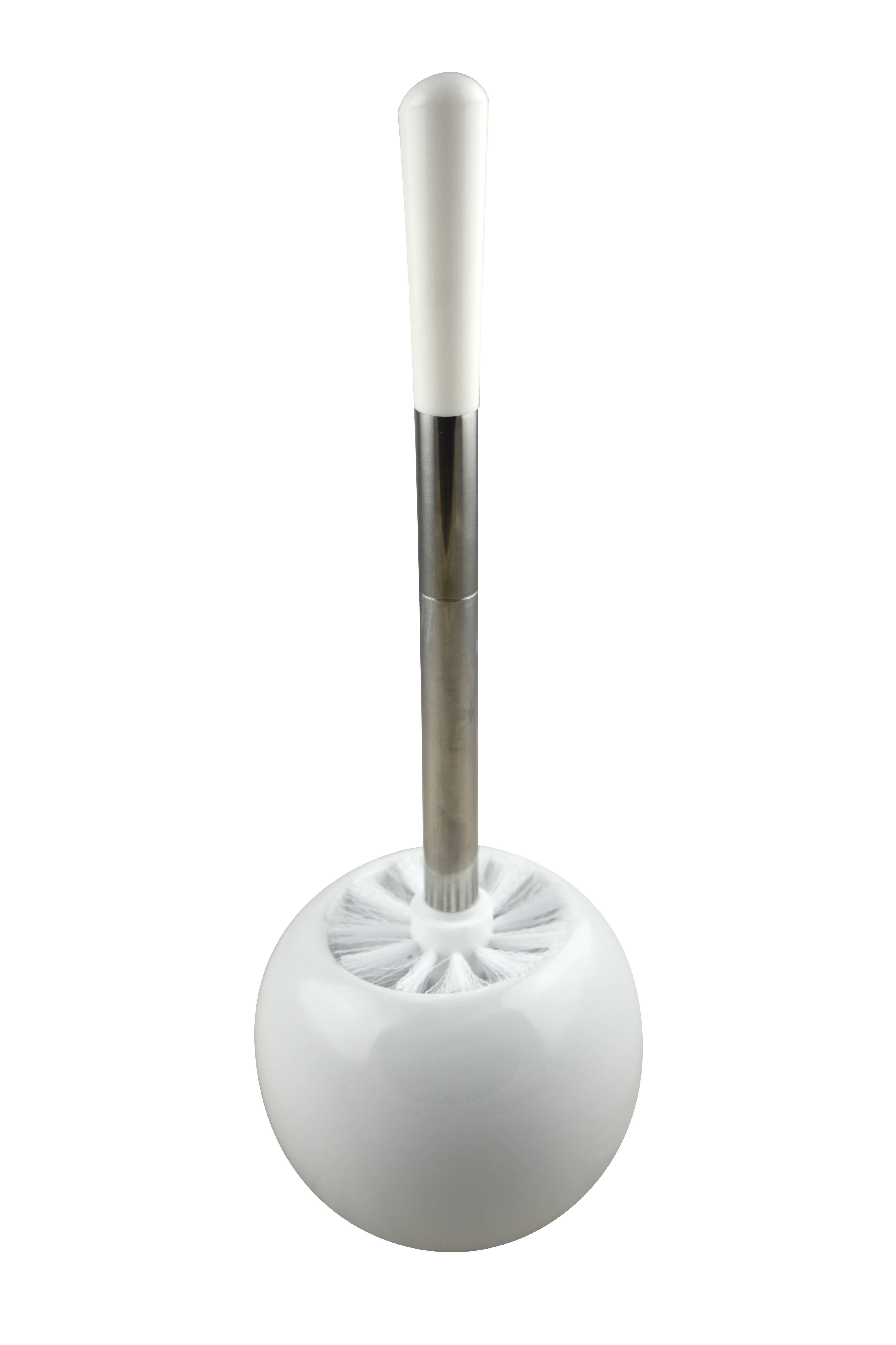 Eine weiße Toilettenbürste mit silbernem Griff in einem runden, passenden weißen Behälter.