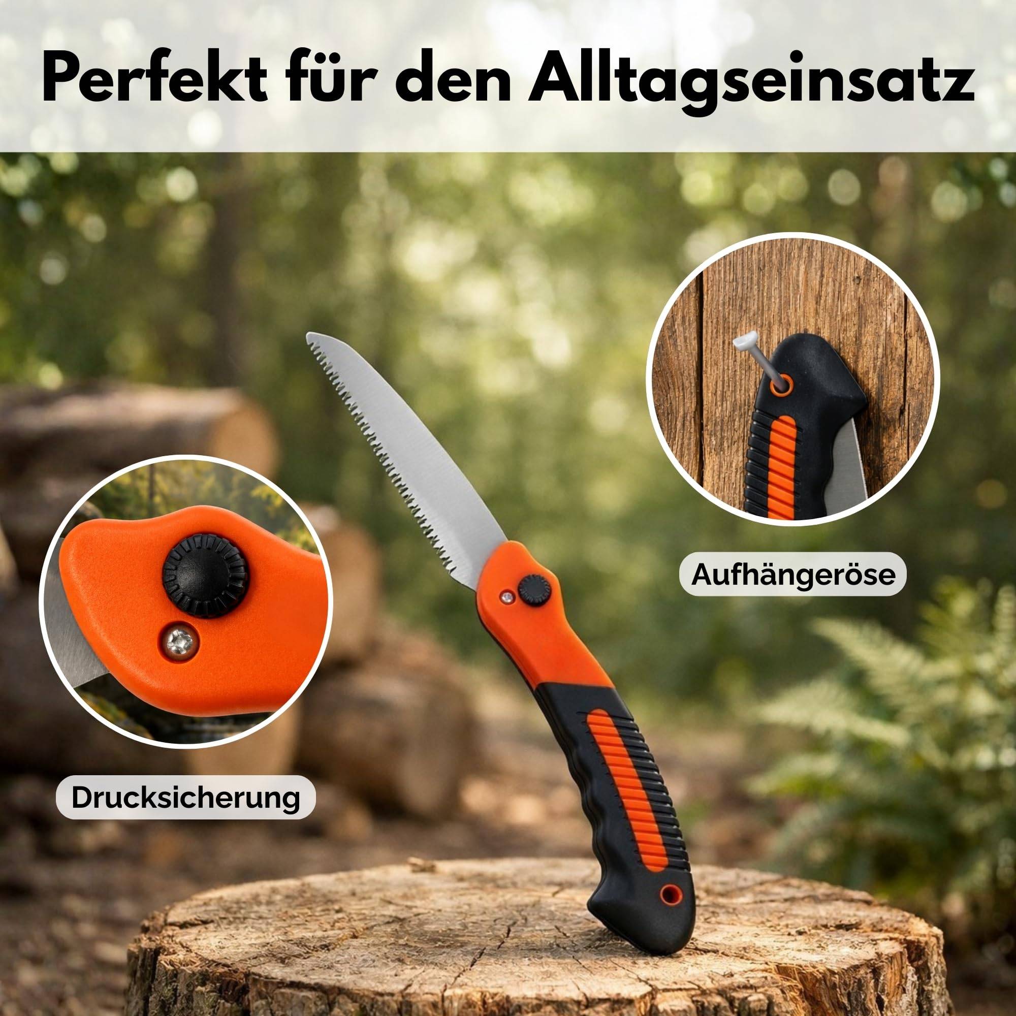 Eine klappbare Säge mit orange-schwarzem Griff, detaillierte Nahaufnahmen zeigen die Sicherheitsverriegelung und das Aufhängeloch, vor einem unscharfen Waldhintergrund.
