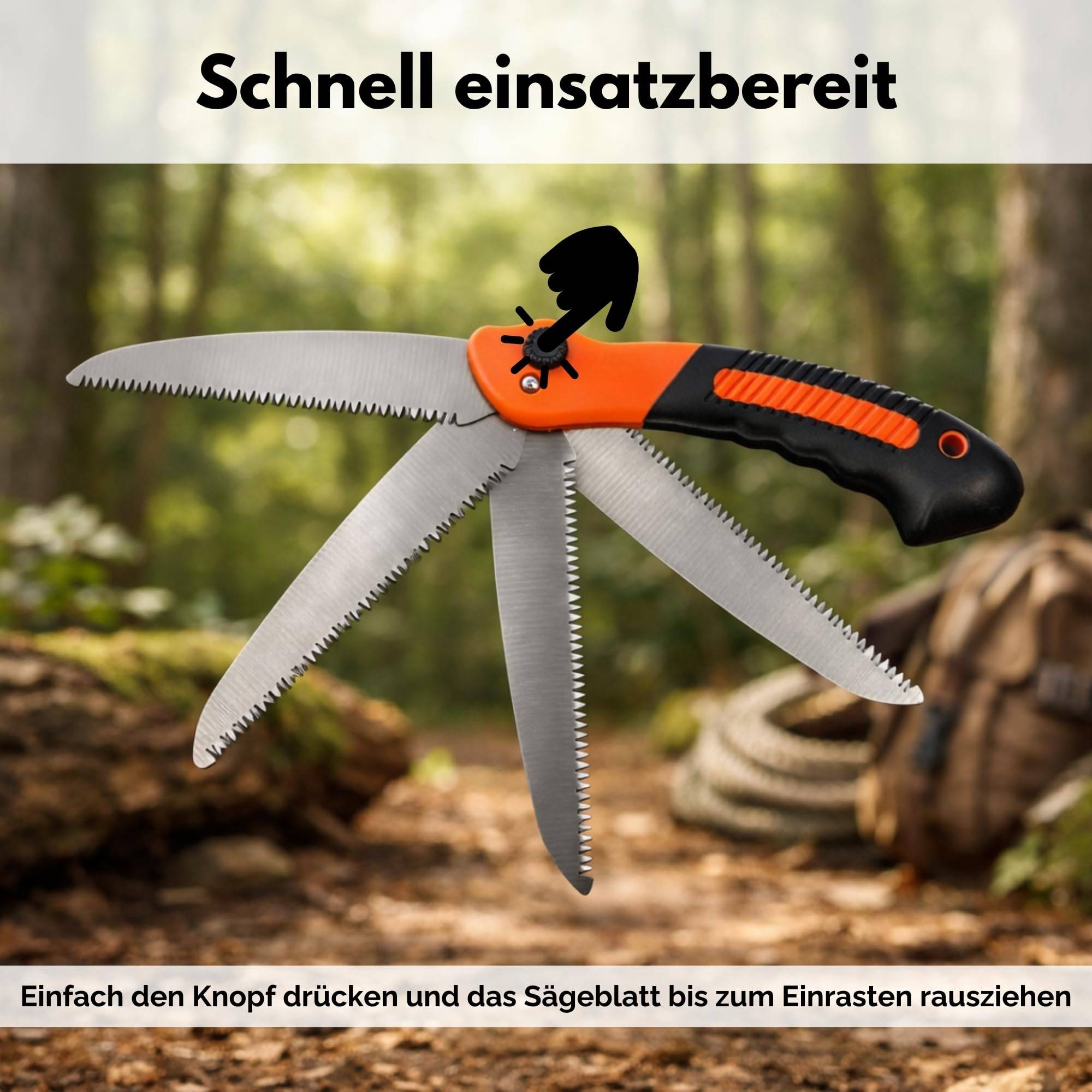 Eine Handsäge mit drei Blättern und einem orange-schwarzen Griff wird draußen angezeigt. Der Text lautet „Schnell einsatzbereit