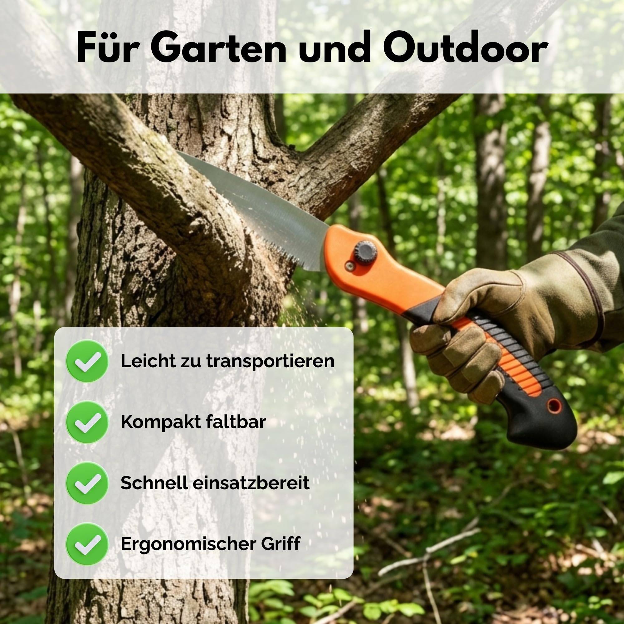 Eine Person, die eine Handsäge verwendet, um einen Baumast in einem Wald zu schneiden. Der Text oben lautet „Für Garten und Outdoor