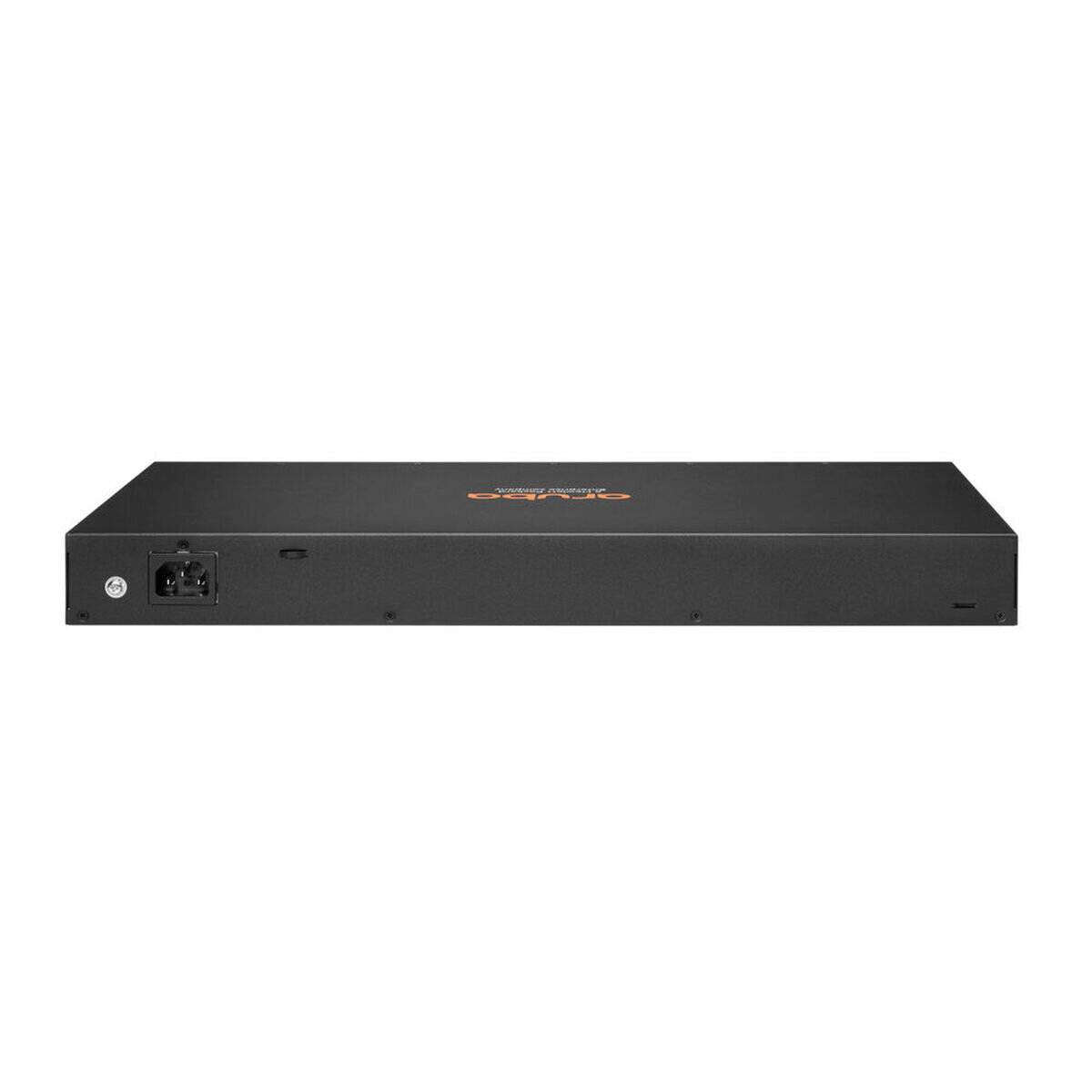Ein elegantes, schwarzes elektronisches Gerät mit orangefarbenem Logo, das einen Ein-/Ausschalter und Stromverbindungen an der unteren Kante aufweist.