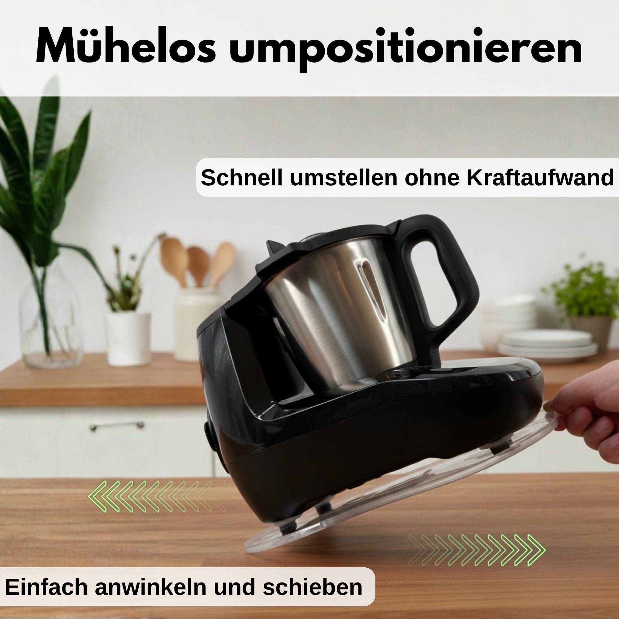 Hand, die ein Küchengerät auf einer Arbeitsplatte neigt, wodurch eine einfache Neupositionierung demonstriert wird. Deutscher Text hebt die mühelose Einstellung hervor.