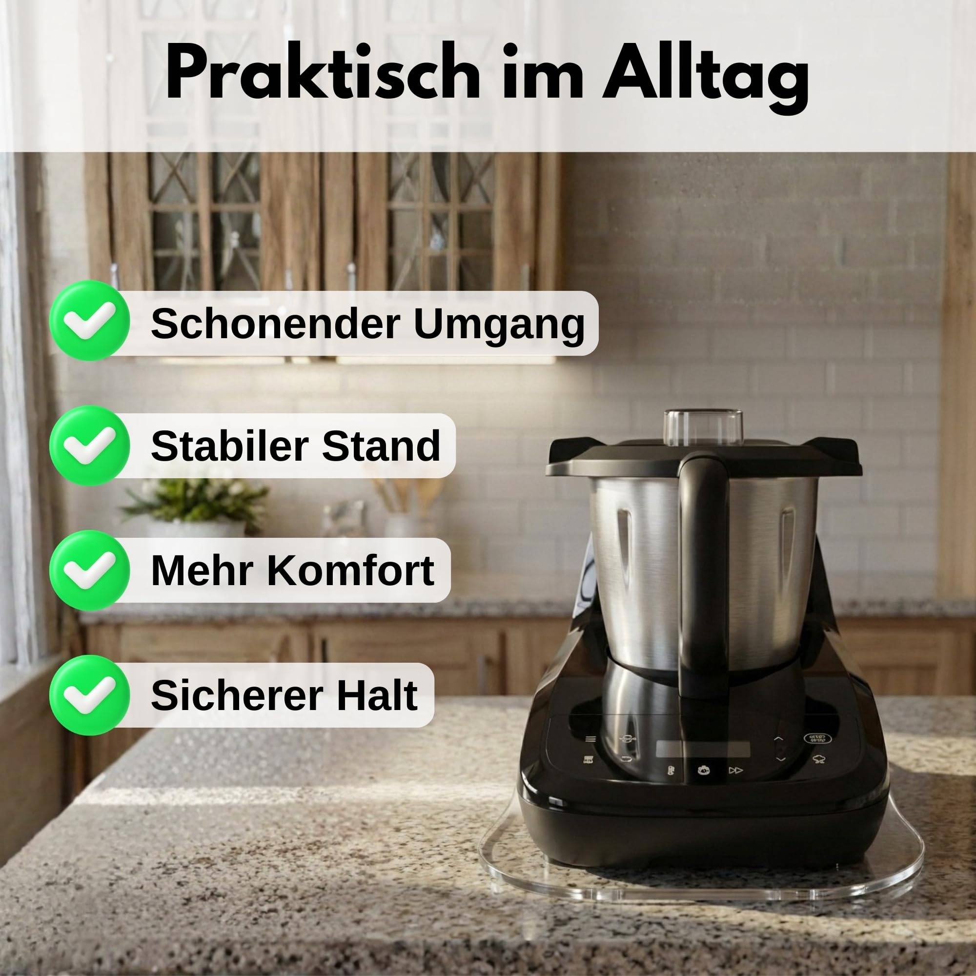 Ein Küchengerät auf einer Arbeitsplatte mit dem Text „Praktisch im Alltag