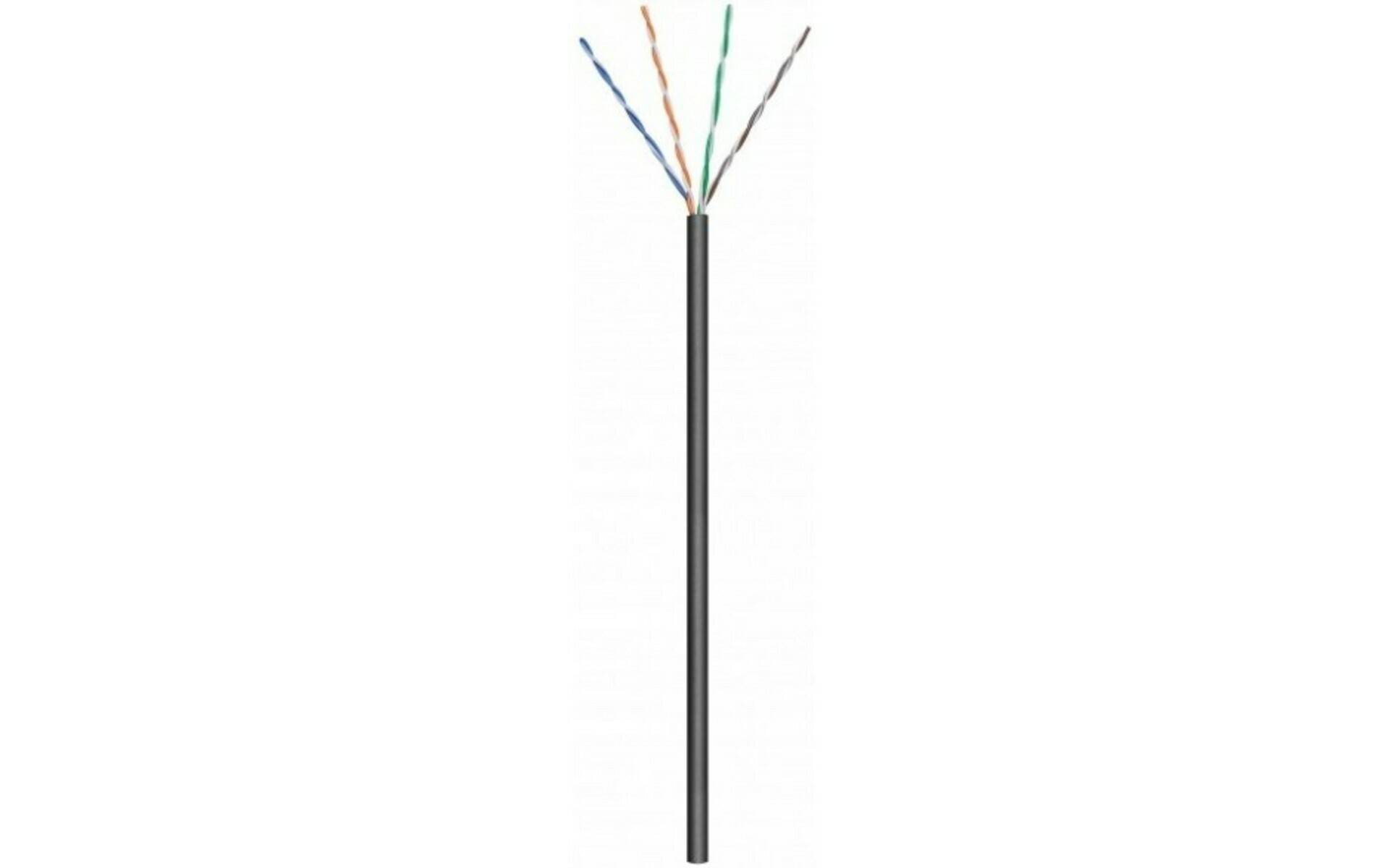 Ein schwarzes Kabel mit vier exponierten verdrillten Drahtpaaren, jedes in einer anderen Farbe: blau, orange, grün und braun.