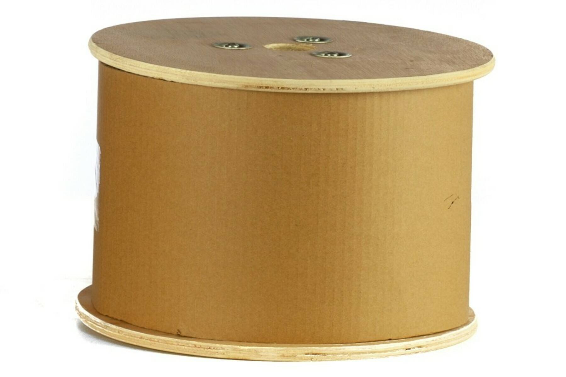 Eine große, runde, braune Spule aus Karton und Holz, typischerweise zum Halten von Kabeln oder Drähten verwendet, mit sichtbaren Schrauben auf der oberen Oberfläche.