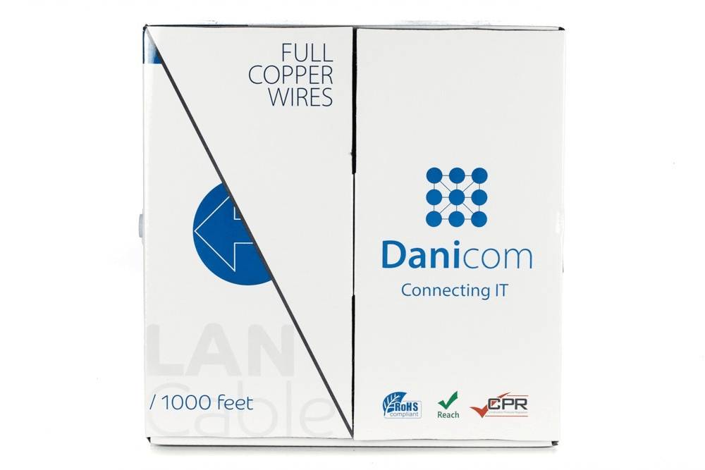 Danicom LAN-Kabelbox mit vollständigen Kupferleitern, 1000 Fuß Länge. Mit Symbolen für RoHS-Konformität, Reach und CPR-Standards.