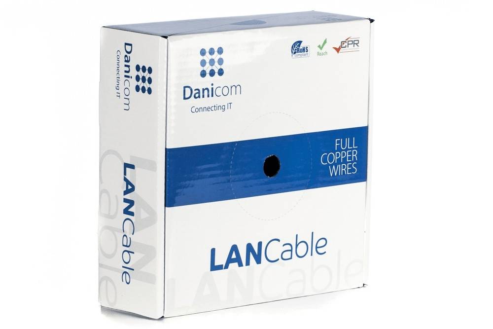 Eine weiß-blaue Danicom-LAN-Kabelbox mit der Aufschrift „Connecting IT