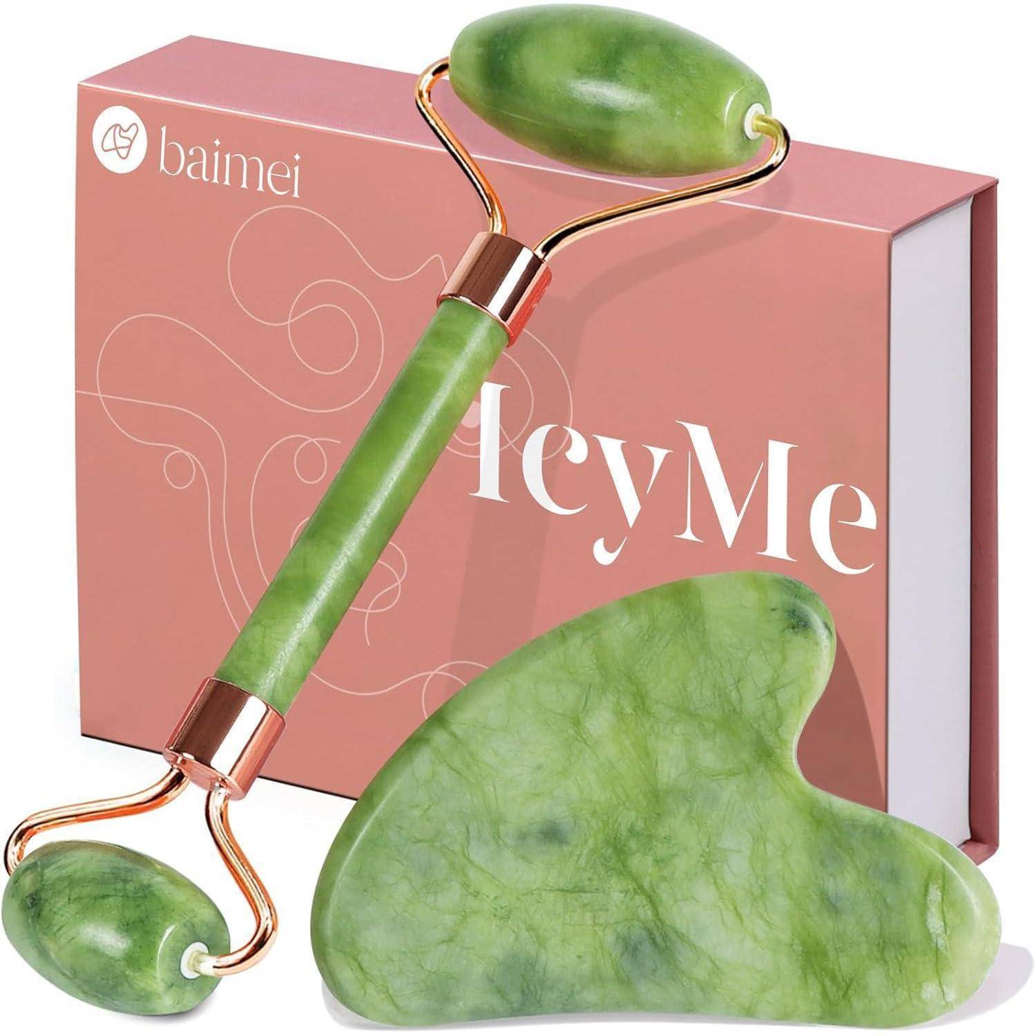 Grüne Jade-Roller und Gua-Sha-Stein-Set, präsentiert mit Baimei-Markenbox. Ideal für Hautpflegeroutinen und Gesichtsmassage.