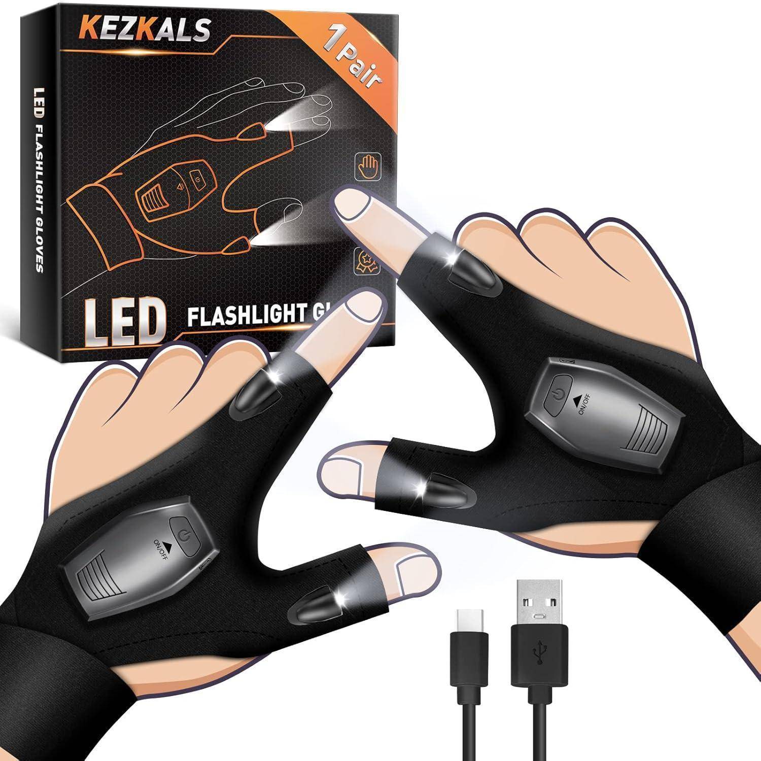 LED-Handschuhe mit Taschenlampe für freihändiges Licht, mit an den Fingern montierten LEDs und verstellbaren Riemen. Inklusive USB-Ladekabel.