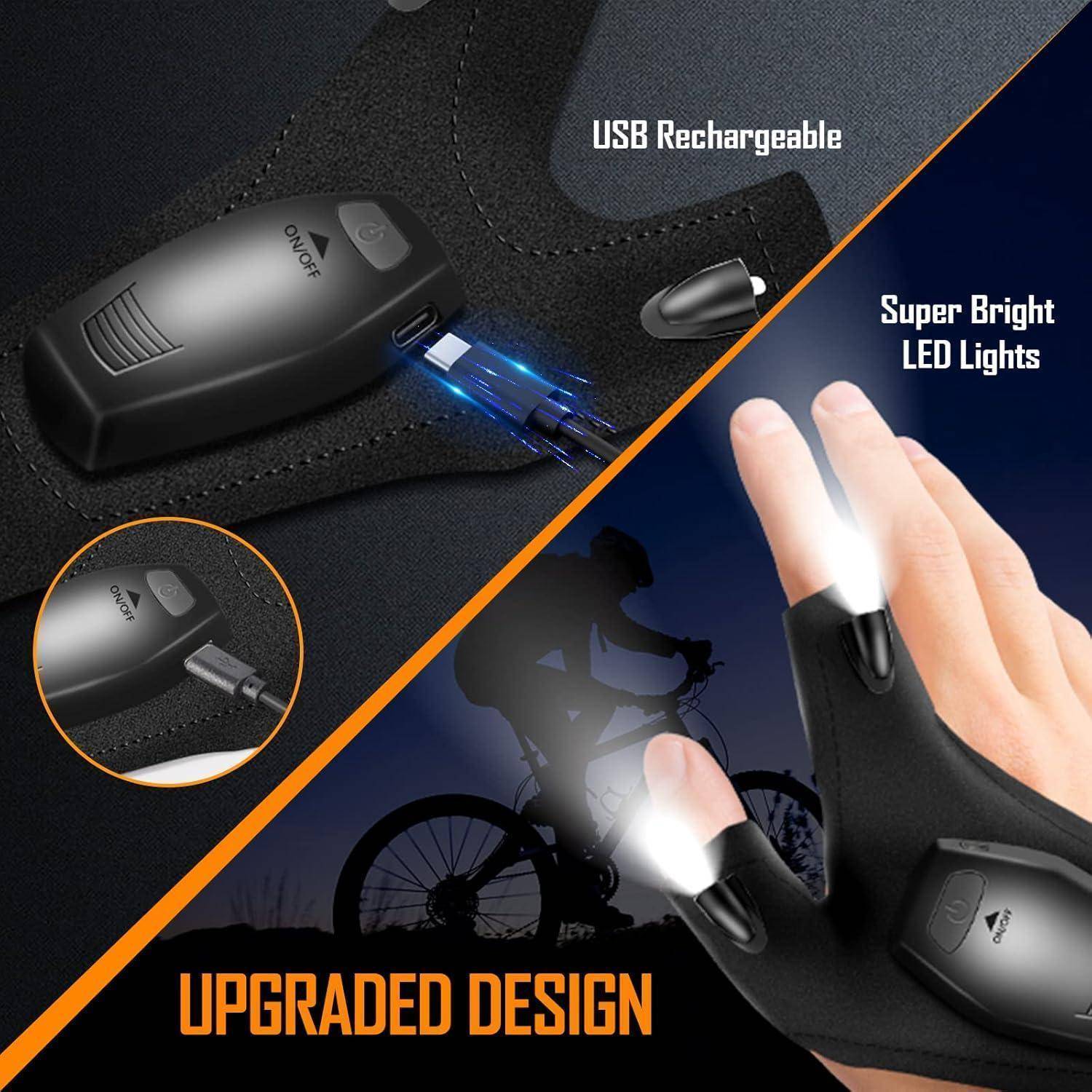 Das Bild zeigt einen tragbaren LED-Handschuh mit Beleuchtung, der „USB wiederaufladbar