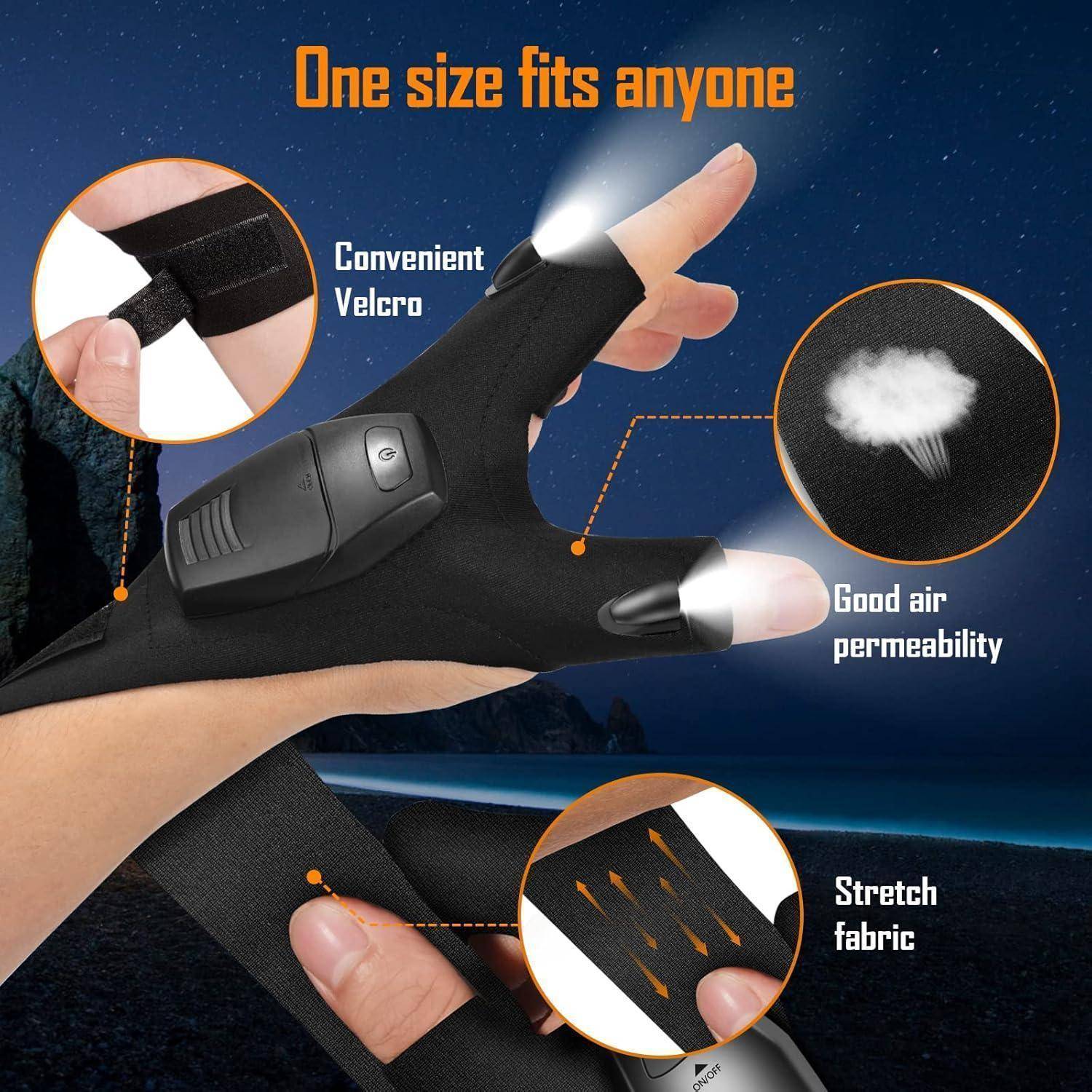 »Schwarzer Handschuh mit LED-Licht und Klettverschluss, bietet gute Atmungsaktivität und elastischen Stoff für vielseitige Passform. Text: „Eine Größe passt jedem.