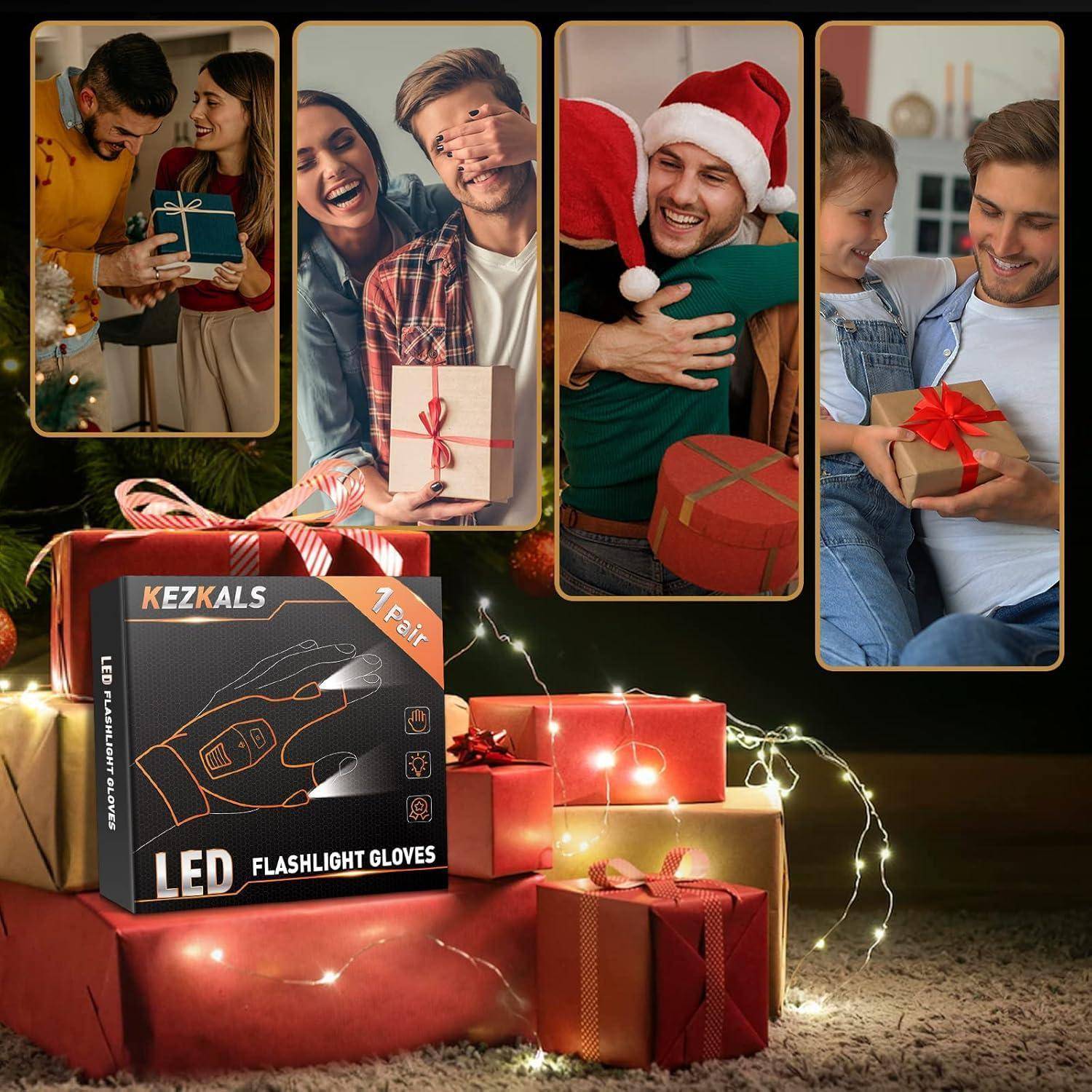 Familiengeschenk-Szenerie mit LED-Taschenlampen-Handschuhen in einer Geschenkbox im Vordergrund, Erwachsene und Kinder tauschen Geschenke aus, Lachen und Umarmungen.