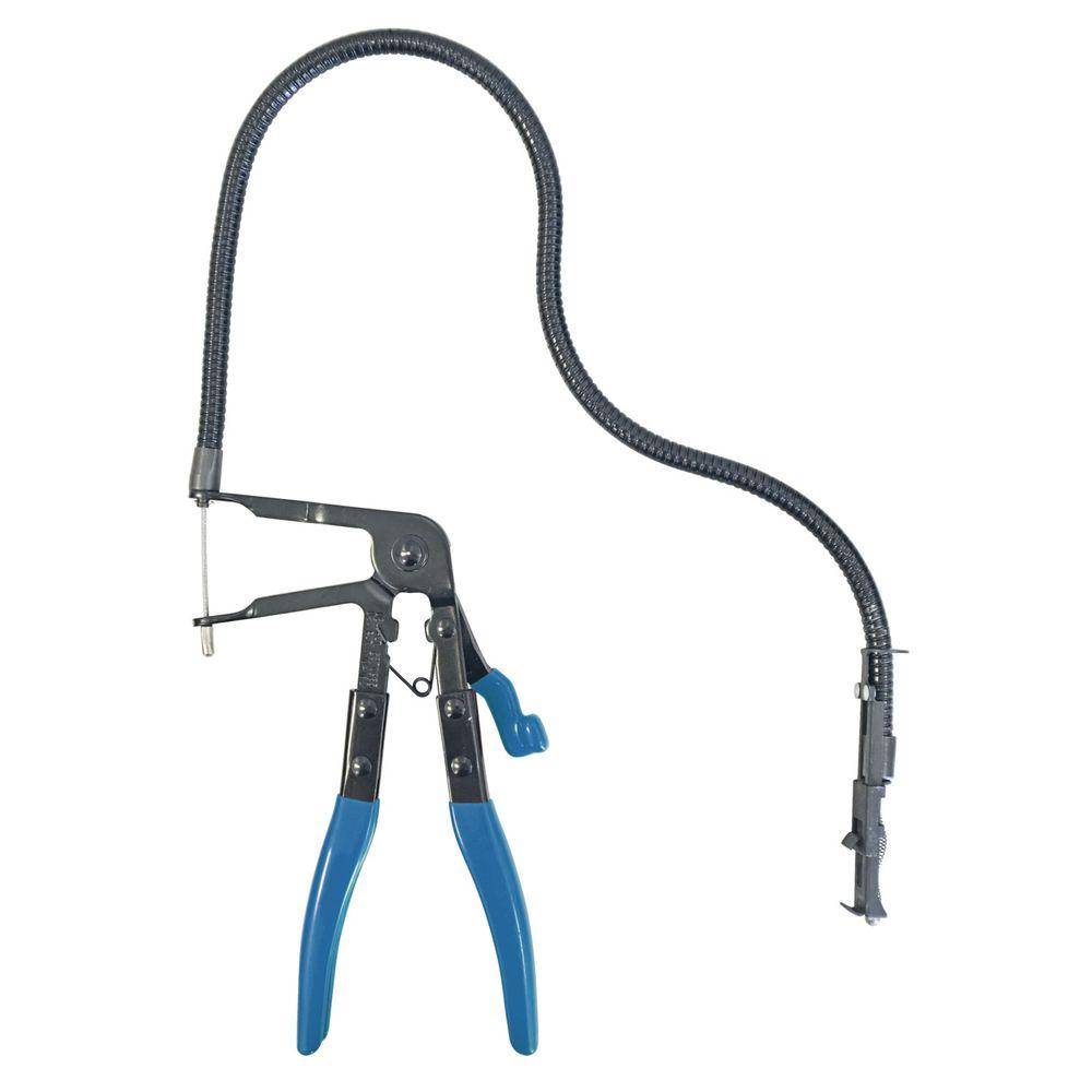 Flexible Schlauchschellenzange mit blauen Griffen und einem langen, flexiblen Kabel zum Erreichen enger Stellen, häufig bei Autoreparaturen verwendet.