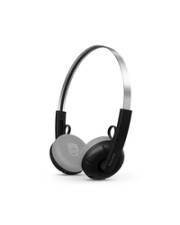 Ein Paar schwarze und graue Over-Ear-Kopfhörer mit einem dünnen Metallkopfbügel auf weißem Hintergrund.