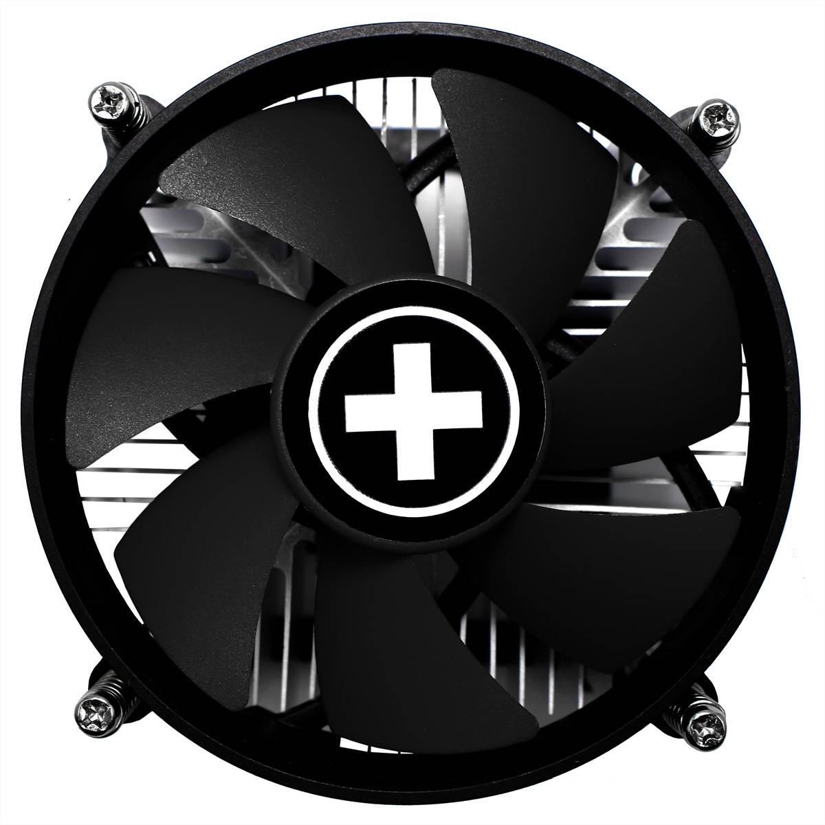 Ein schwarzer Computerlüfter mit einem Plussymbol in der Mitte, montiert mit vier Schrauben, entwickelt zur Kühlung elektronischer Komponenten.