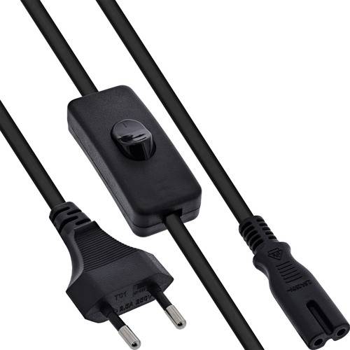 Stromkabel mit europäischem Stecker, Inline-Schalter und Steckdose.