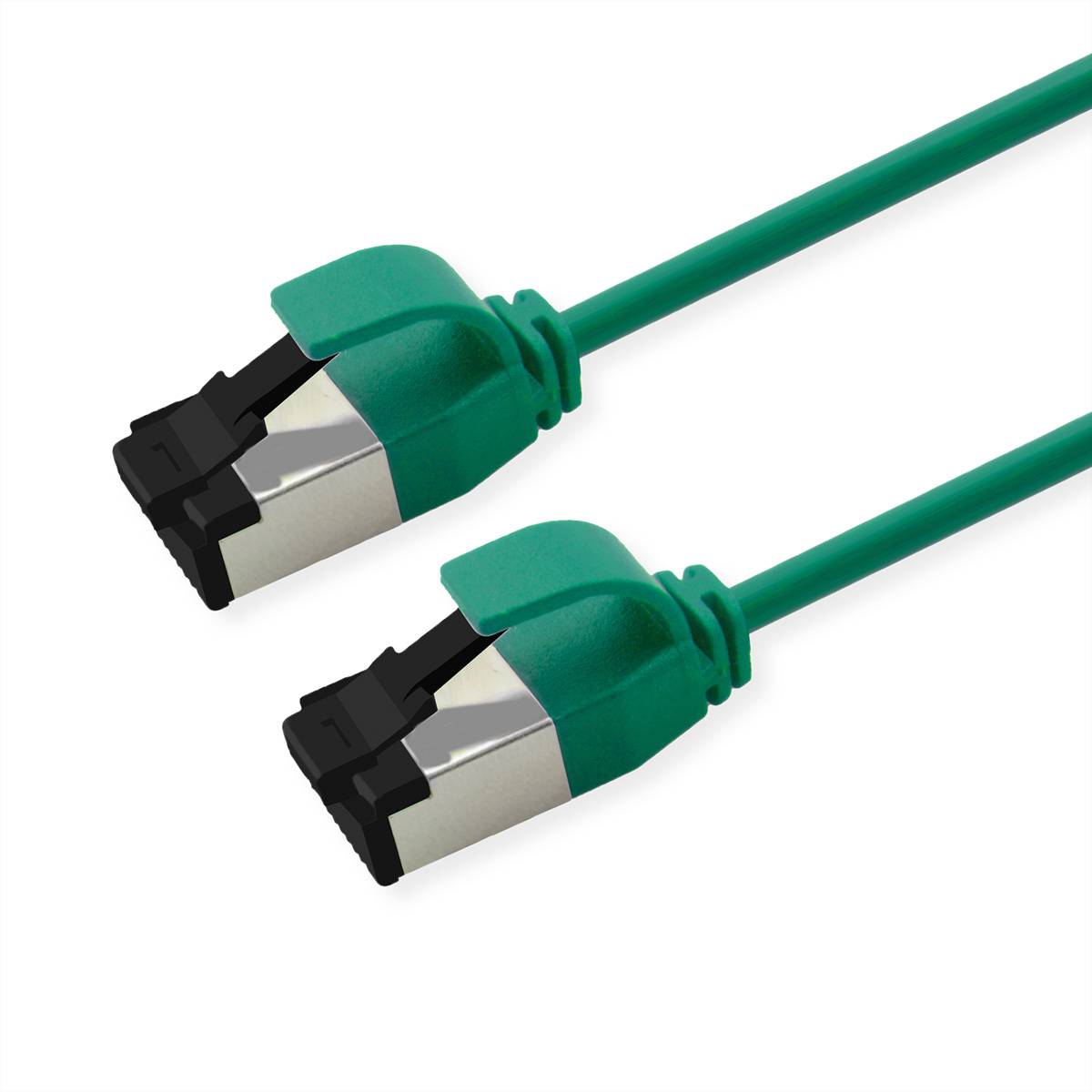 Zwei grüne geschirmte Ethernet-Kabel mit Metallsteckern, geeignet für Hochgeschwindigkeitsdatenübertragung und Netzwerkverbindung.