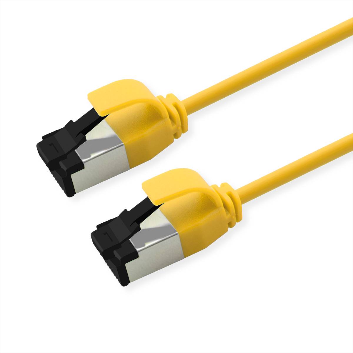 Ein gelbes Ethernet-Kabel mit zwei geschirmten RJ45-Steckern, entwickelt für Hochgeschwindigkeits-Internetverbindungen.