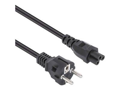 Ein schwarzer europäischer Stromstecker und ein Dreifach-Steckerkabel werden gezeigt. Der Stecker verfügt über zwei runde Metallstifte und einen Erdungsstift.